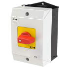 EATON INDUSTRIES - Interruttore ON/OFF, T0, 20 A, in custodia, 1 unità costruttiva, 2 poli, funzione di arresto d'emergenza, con leva rossa e targhetta frontale gialla.