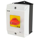 EATON INDUSTRIES - Interruttore ON/OFF, T0, 20 A, in custodia, 1 unità costruttiva, 2 poli, funzione di arresto d'emergenza, con leva rossa e targhetta frontale gialla.