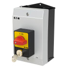 EATON INDUSTRIES - Interruttore antipanico P1 25A custodia 3 poli leva rossa targhetta frontale gialla blocco serratura cilindro SVA.