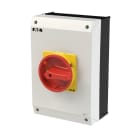 EATON INDUSTRIES - Interruttore generale P3 63A in custodia 3 poli + N 1NA 1NC Funzione di arresto d'emergenza con maniglia rotativa rossa e anello di blocco.