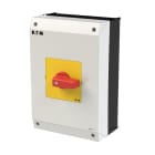 EATON INDUSTRIES - P3 Interruttore ON/OFF 63A, 3 poli, Funzione arresto d'emergenza, custodia, leva rossa, targhetta frontale gialla.