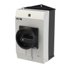 EATON INDUSTRIES - Interruttore generale T3 32A in custodia 2 Unità costruttive 3 poli 1 NA Funzione di arresto con maniglia rotativa nera e corona di blocco.