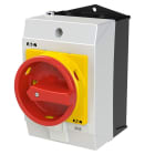 EATON INDUSTRIES - Interruttore generale, P1, 25 A, in custodia, 3 poli, Funzione di arresto d'emergenza, con maniglia rotativa rossa e anello di blocco giallo.