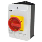 EATON INDUSTRIES - Interruttore generale, P1, 25 A, in custodia, 3 poli, 1 NA, 1 NC, Funzione di arresto d'emergenza, con maniglia rotativa rossa e anello di blocco gial.