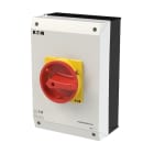 EATON INDUSTRIES - Interruttore generale P3 63A in custodia 3 poli 1NA 1NC Funzione di arresto d'emergenza con maniglia rotativa rossa e anello di blocco giallo.