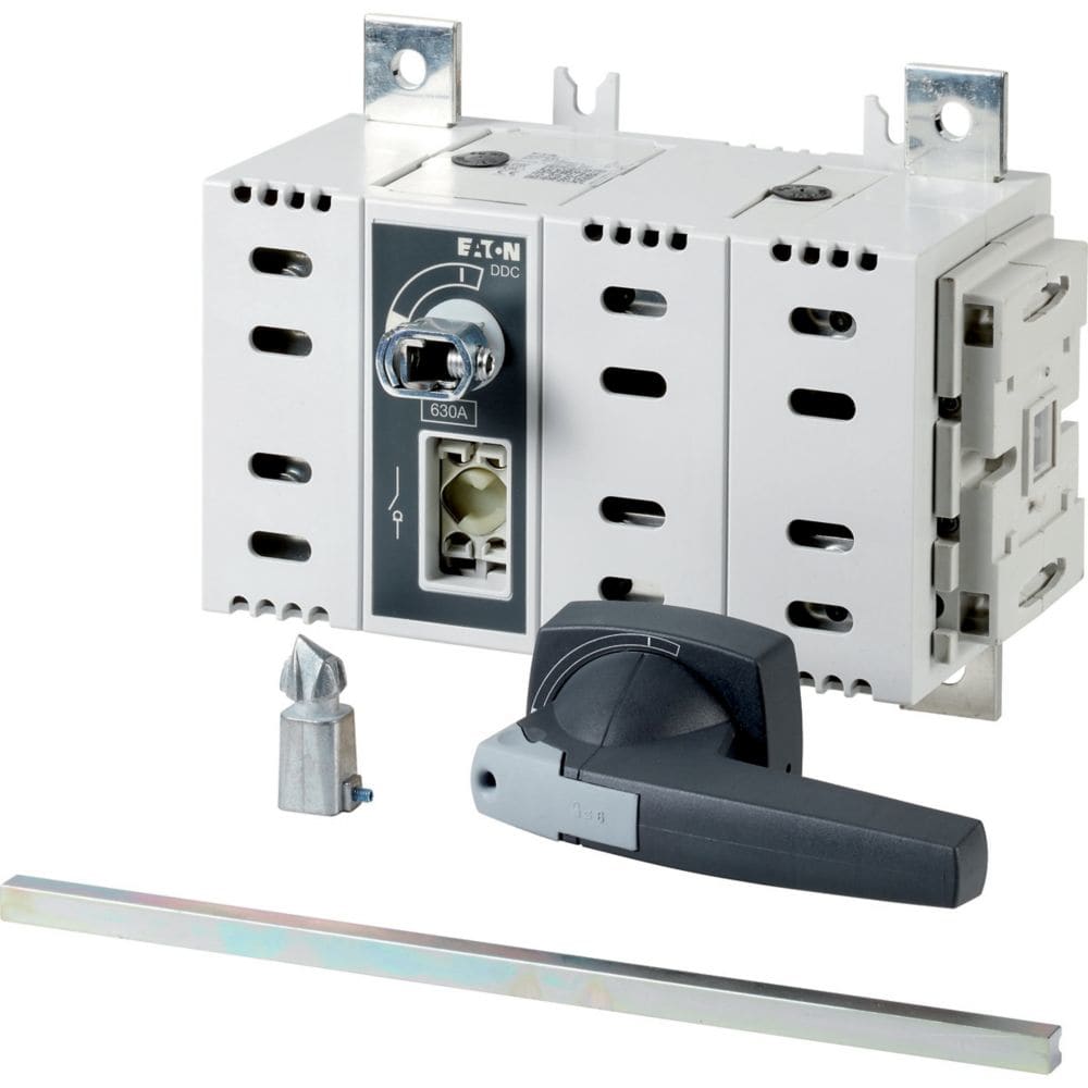 EATON INDUSTRIES - Sezionatore di carico DC 250A 2P, 2 NA, 2 Contatto NC, maniglia rotativa grigia, comando rinviato, lunghezza asta 300mm.