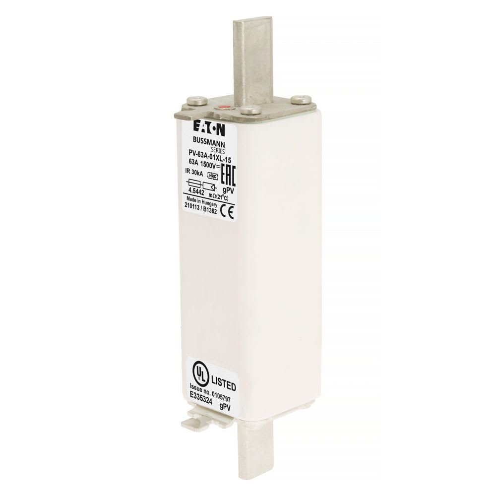 EATON INDUSTRIES - Cartuccia fusibile extra-rapido 63A DC 1500V 01XL 47x189mm gPV UL IEC con indicatore contatti a lama PV-63A-01XL-15 FUSE 63A 1500V 1*XL PV