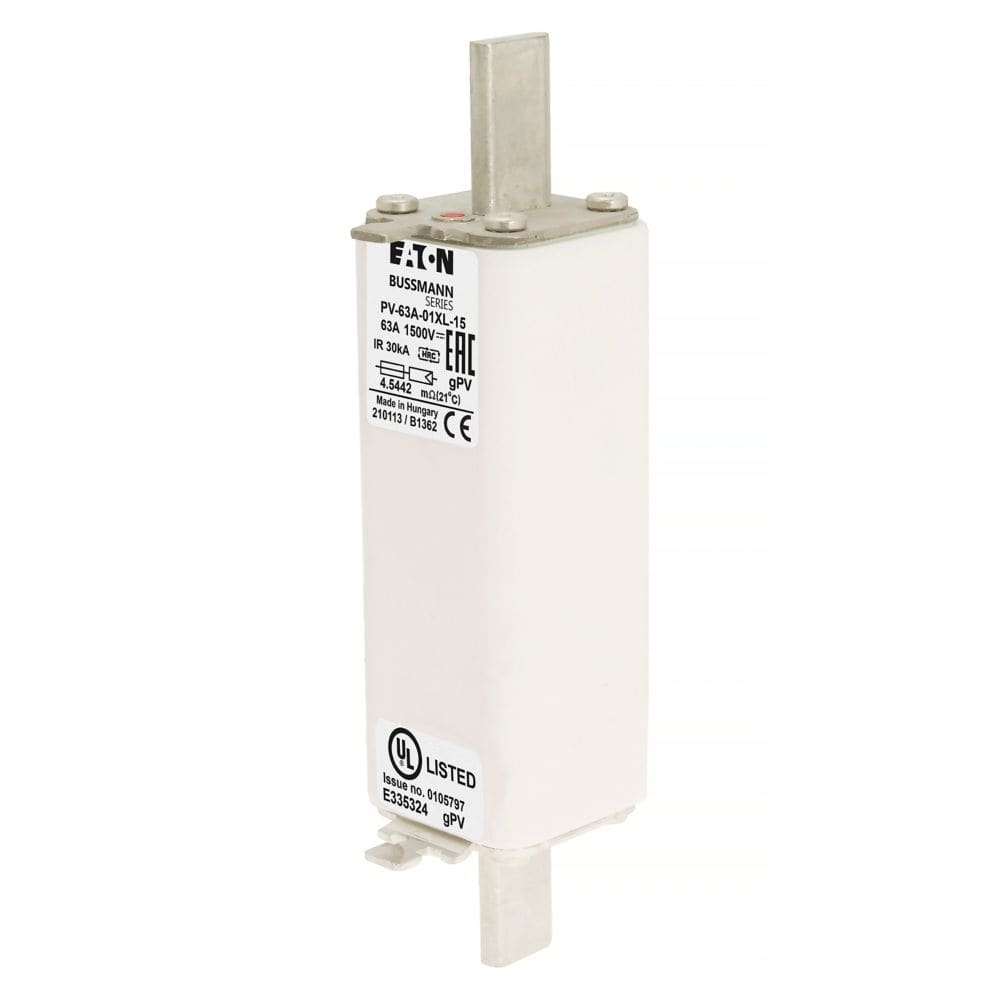 EATON INDUSTRIES - Cartuccia fusibile extra-rapido 63A DC 1500V 01XL 47x189mm gPV UL IEC con indicatore contatti a lama PV-63A-01XL-15 FUSE 63A 1500V 1*XL PV