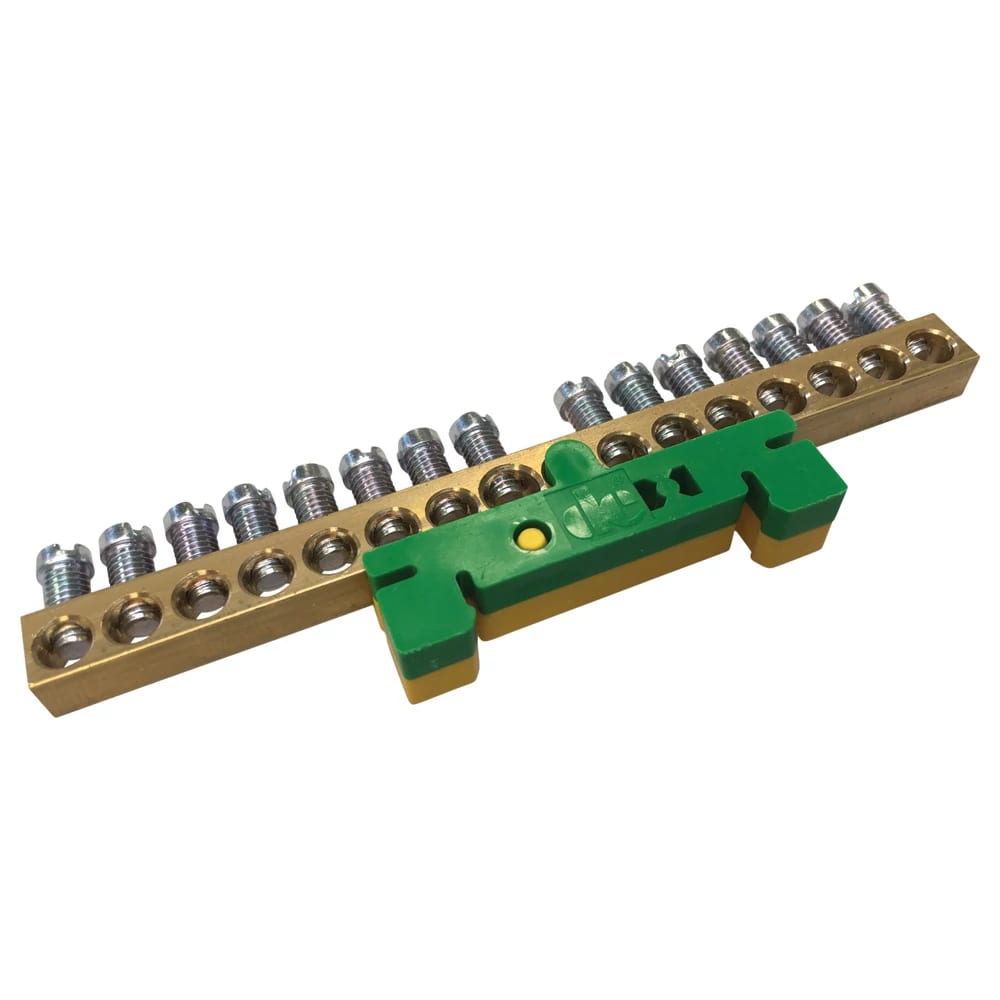 NVENT ERIFLEX - Barra messa a terra e neutro, ottone, clip guida DIN gialla/verde, 15 conness. MORS TERRA NEUTRO 15 USC SUPPORTO G/Y.