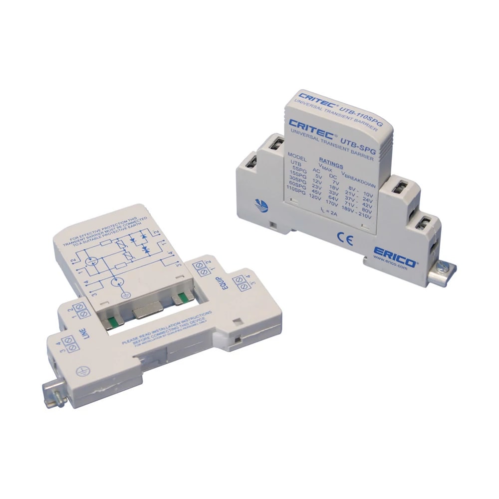 NVENT ERICO - Barriera universale contro le correnti transitorie, singola coppia e messa a terra isolata, 21-42 VAC, 30-60 VDC, UNIV TRBAR,S PAIR ISOL GR, 21-42 VAC, 30-60 VDC.
