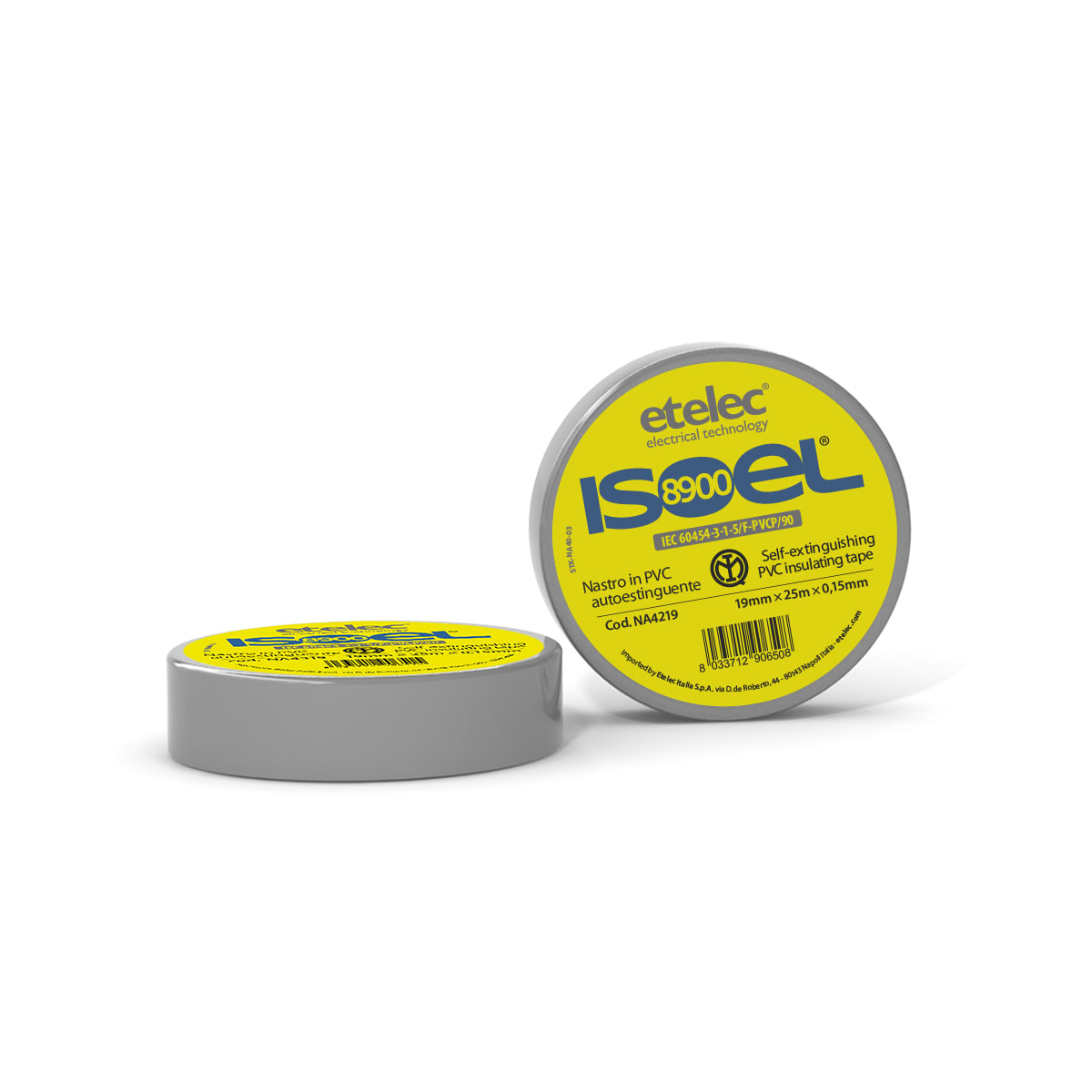 ETELEC - Nastro adesivo isolante in PVC certificato IMQ 19 mm x 25 m x 0,15 mm - Grigio NA4219