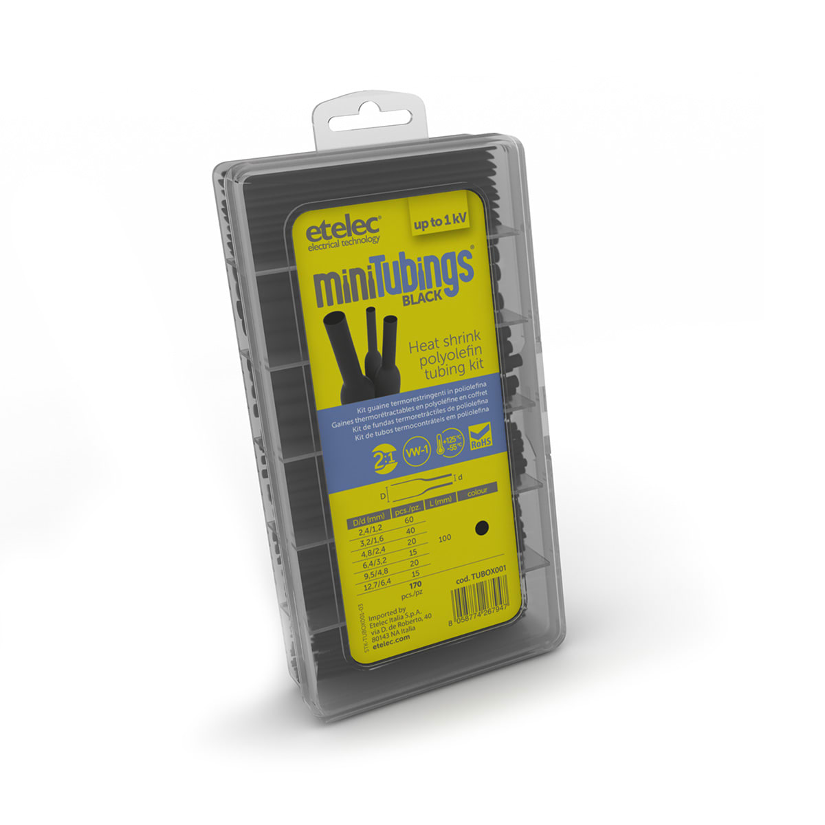 ETELEC - Guaine termorestringenti nere in kit di spezzoni assortiti poliolefina reticolata 2:1-basso spessore TUBOX001