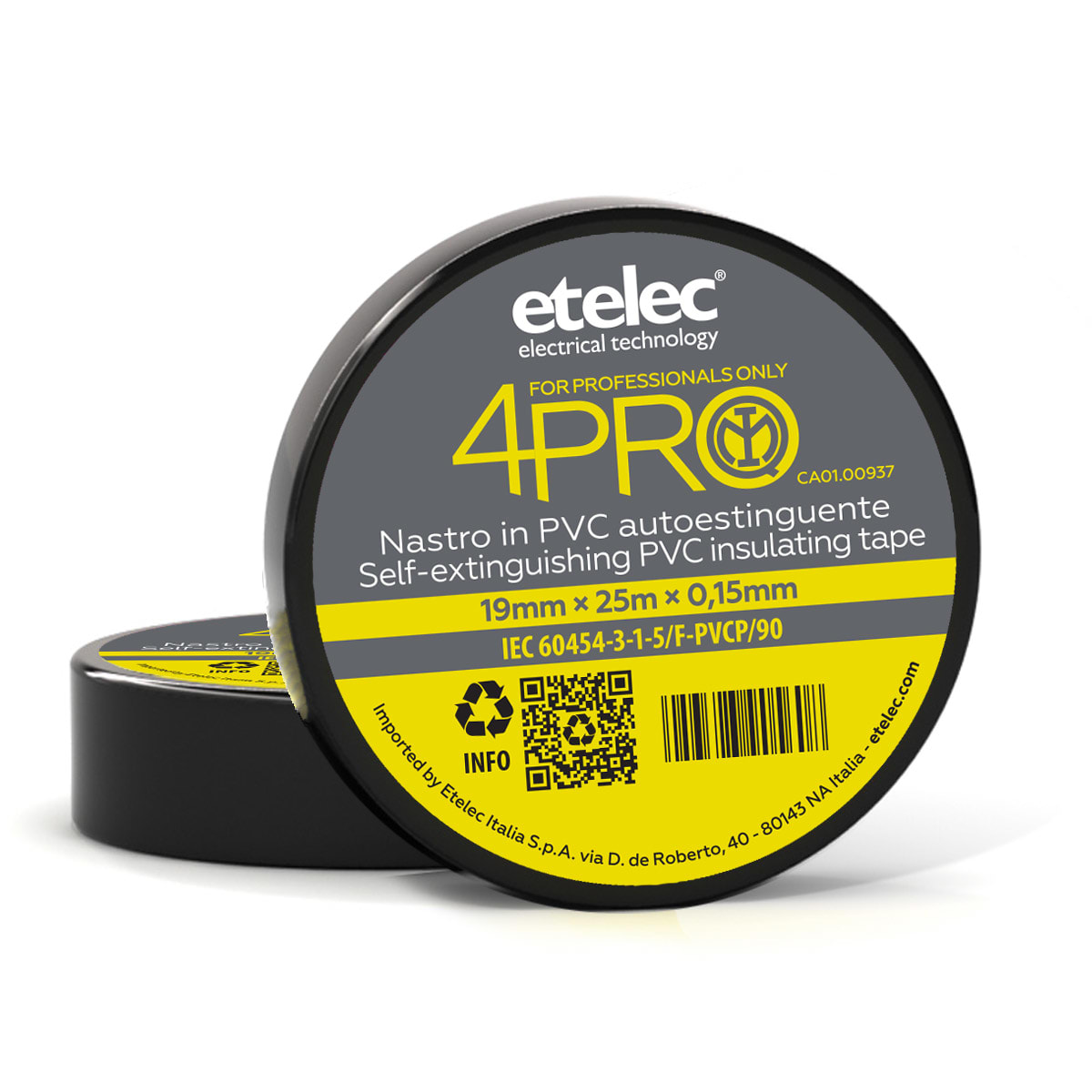 ETELEC - Nastro adesivo isolante in PVC ad uso professionale 19 mm x 25 m x 0,15 mm - Nero