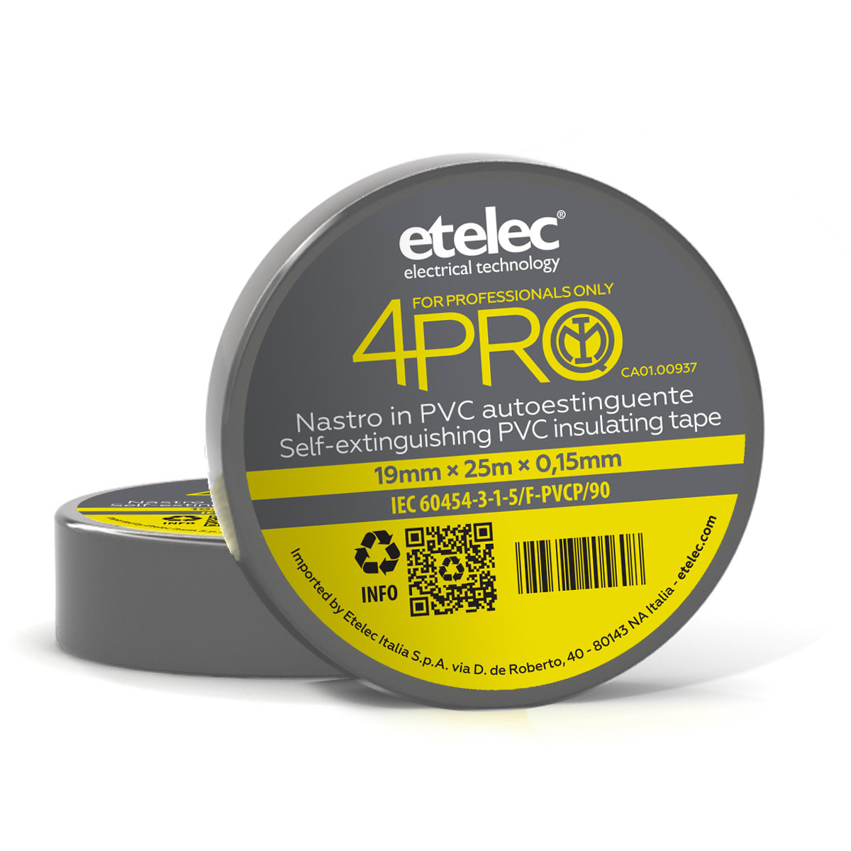 ETELEC - Nastro adesivo isolante in PVC ad uso professionale 25 mm x 25 m x 0,15 mm - Grigio