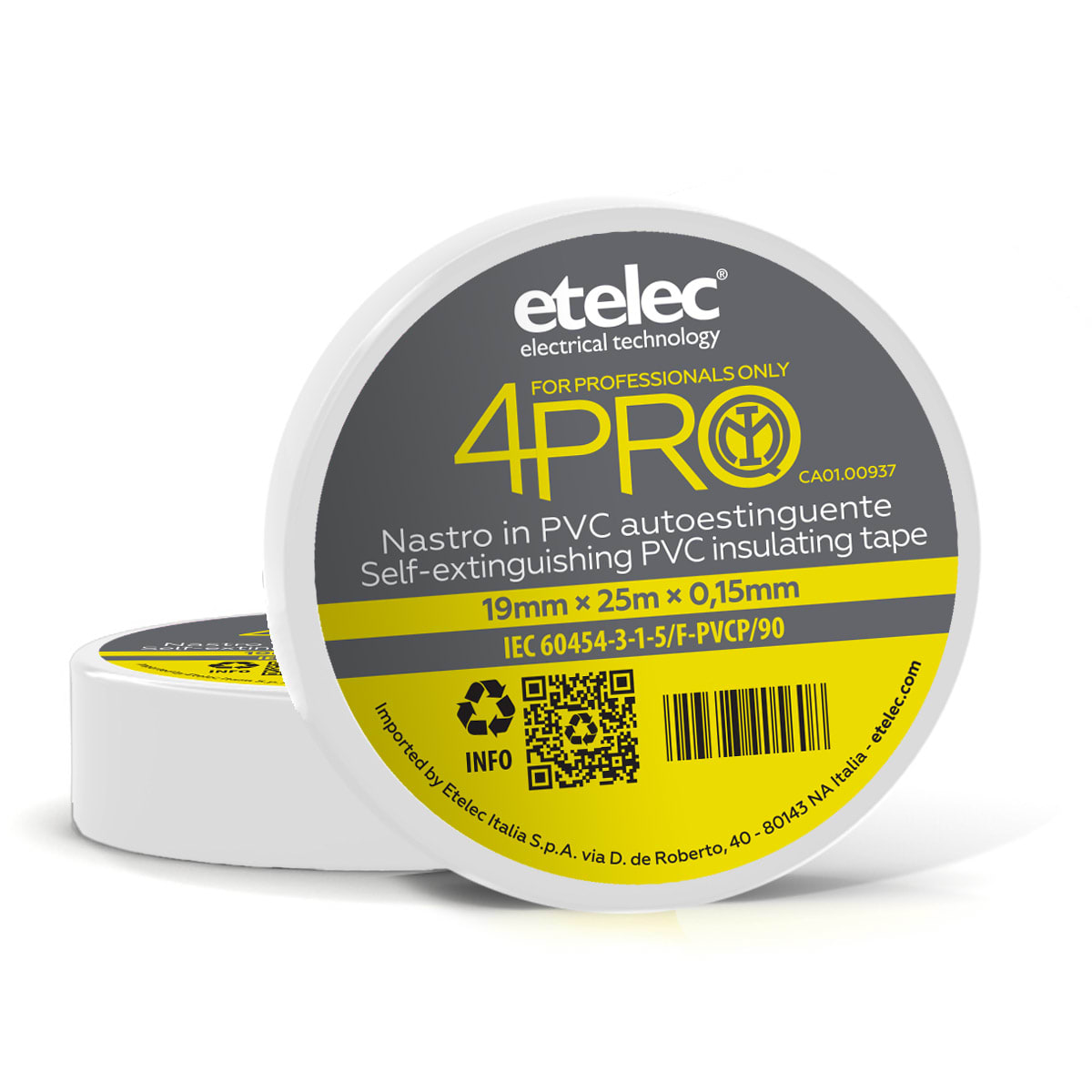 ETELEC - Nastro adesivo isolante in PVC ad uso professionale 15 mm x 10 m x 0,15 mm - Bianco