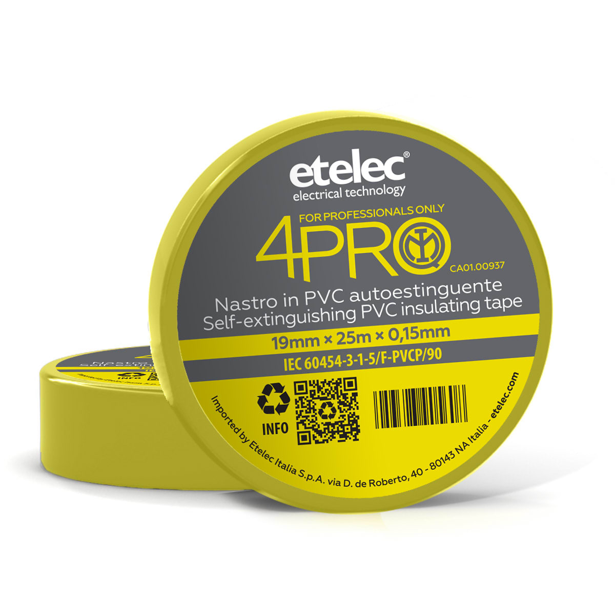 ETELEC - Nastro adesivo isolante in PVC ad uso professionale 19 mm x 25 m x 0,15 mm - Giallo/Verde