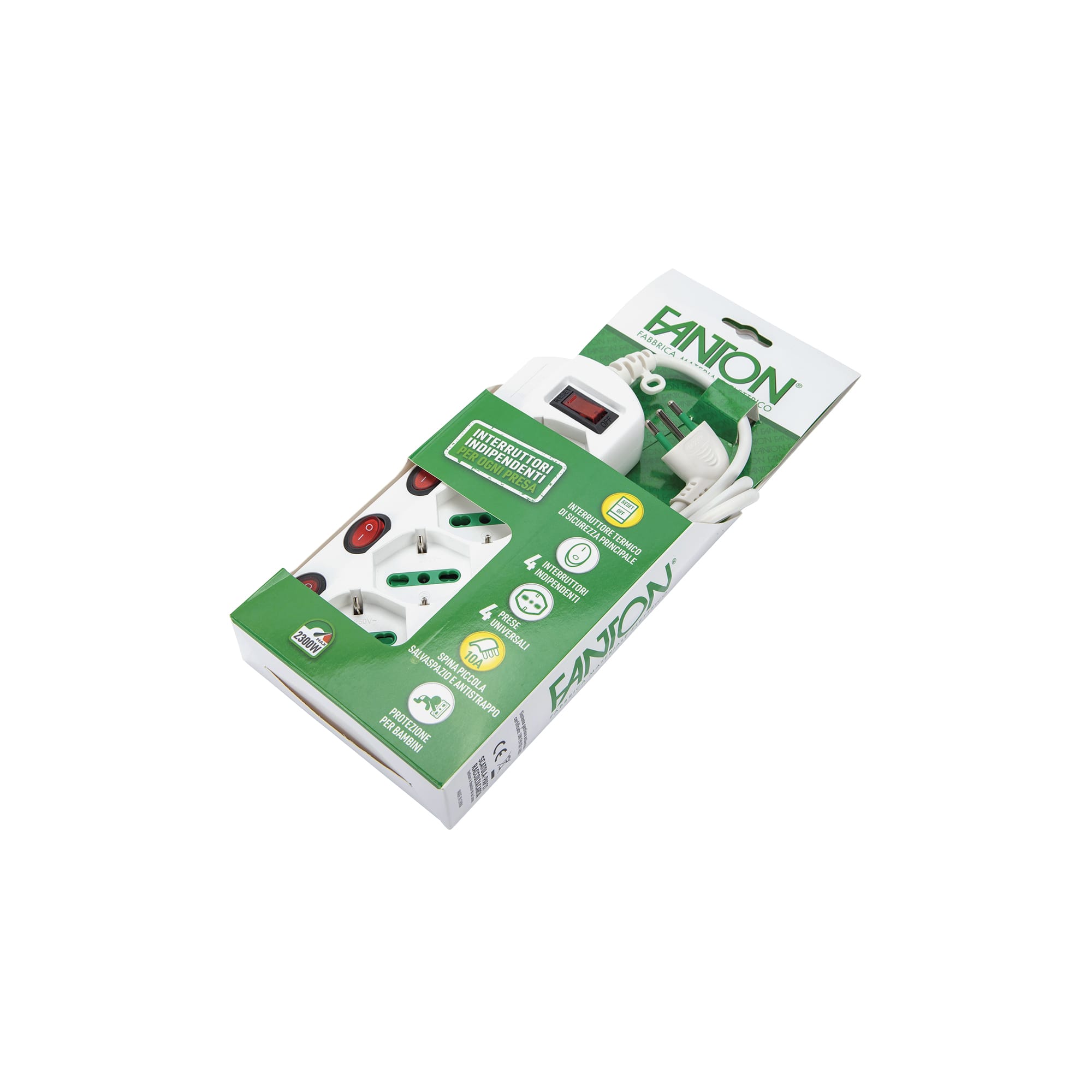 FANTON - Multipresa 1,5m 3G0,75 S11 4P40, con 4 interruttori prese e generale di sovraccarico, colore bianco