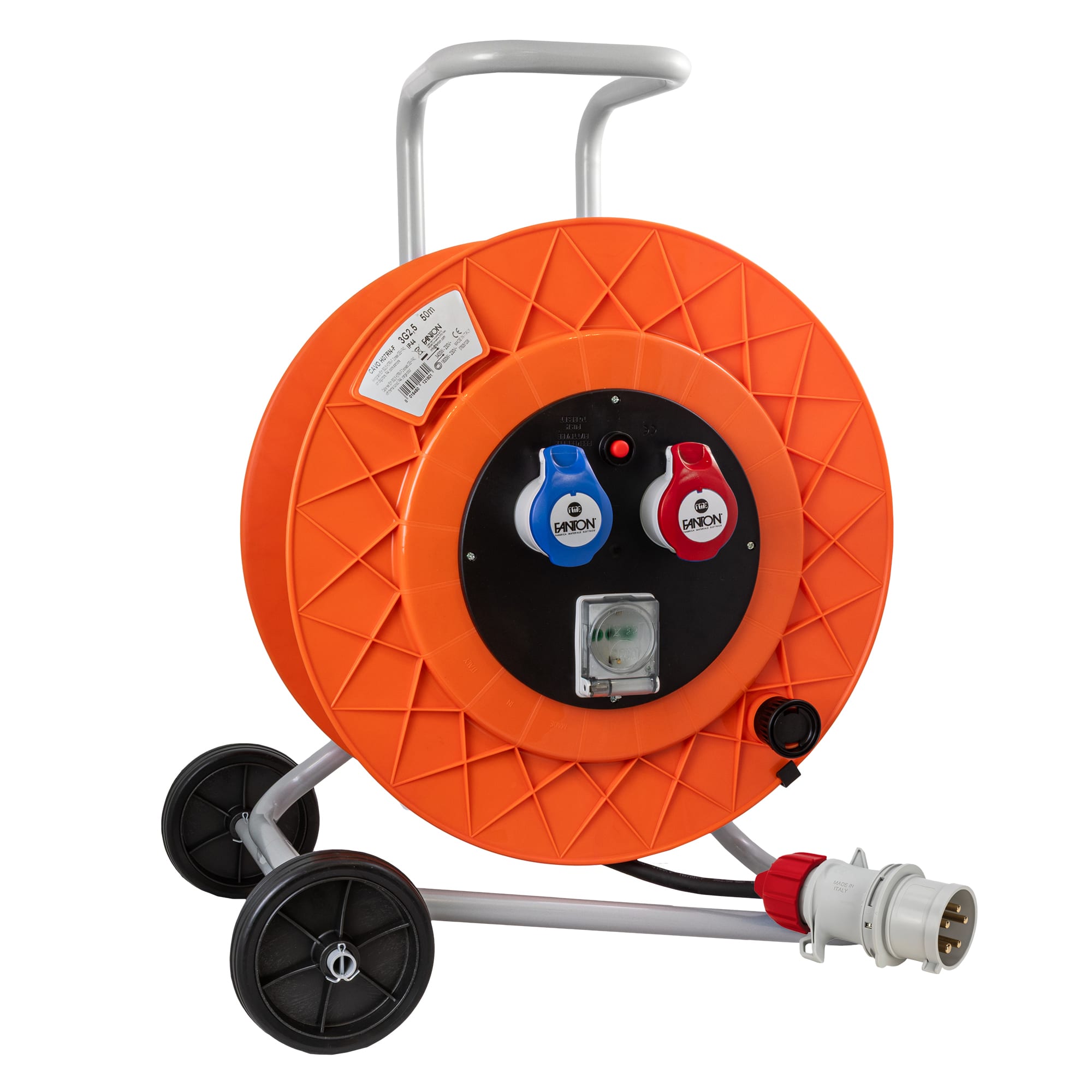 FANTON - Avvolgicavo GOLIA 50m 5G2,5 H07RN-F spina CEE 400V, 2 prese CEE + 1 P40, con disgiuntore, IP44