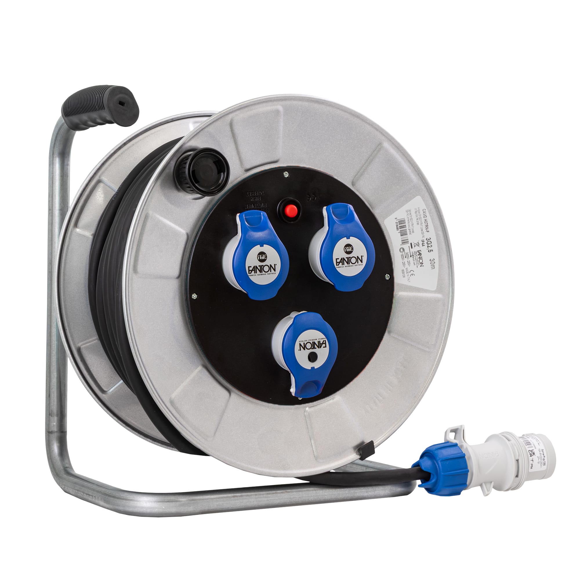 FANTON - Avvolgicavo GOLIA METAL 30m 3G2,5 H07RN-F spina CEE 2P+T 16A 230V, 3 prese CEE 2P+T 16A 230V, con disgiuntore, IP44, zincato