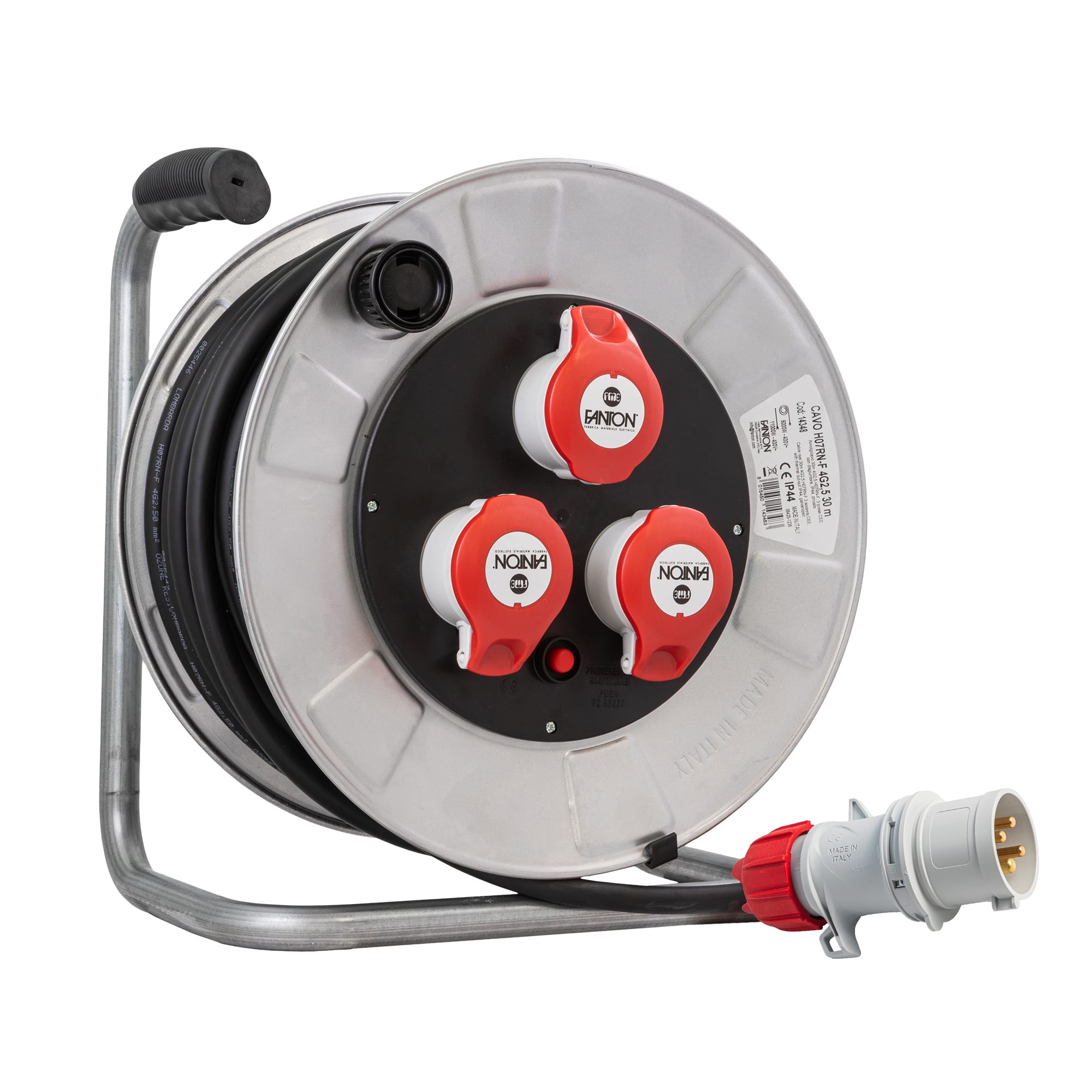 FANTON - Avvolgicavo GOLIA METAL 30m 4G2,5 H07RN-F spina CEE 400V, 3 prese CEE, con disgiuntore, IP44, zincato