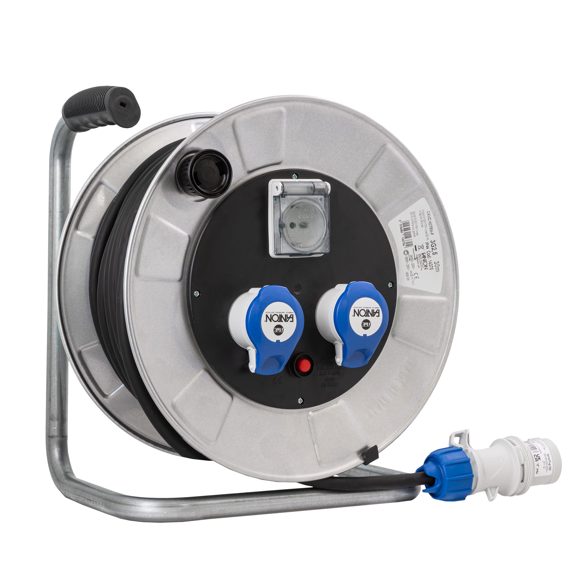 FANTON - Avvolgicavo GOLIA METAL 30m 3G2,5 H07RN-F spina CEE 2P+T 16A 230V, 2 prese CEE 2P+T 16A 230V + 1 P40, con disgiuntore, IP44, zincato