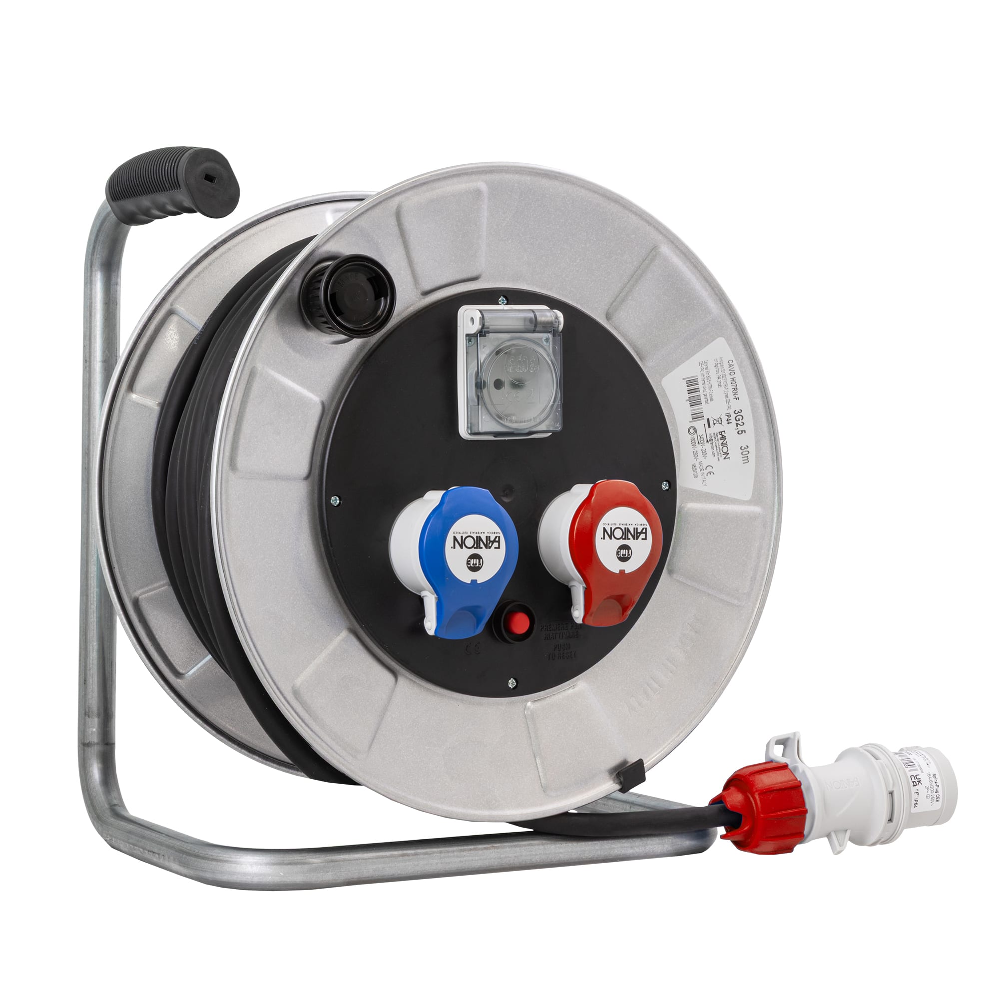 FANTON - Avvolgicavo GOLIA METAL 30m 5G2,5 H07RN-F spina CEE 400V, 2 prese CEE + 1 P40, con disgiuntore, IP44, zincato