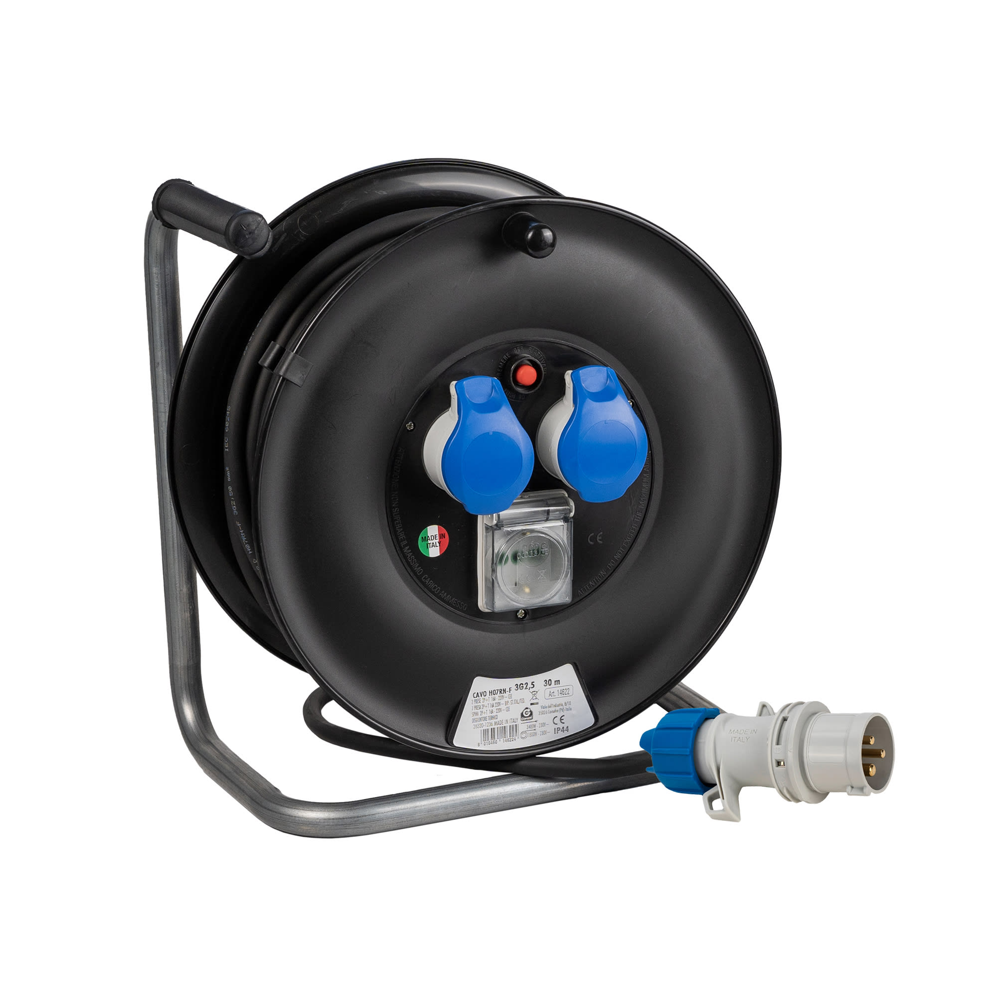 FANTON - Avvolgicavo ONDA 30m 3G2,5 H07RN-F spina CEE 2P+T 16A 230V, 2 prese CEE 2P+T 16A 230V + 1 P40, con disgiuntore, IP44