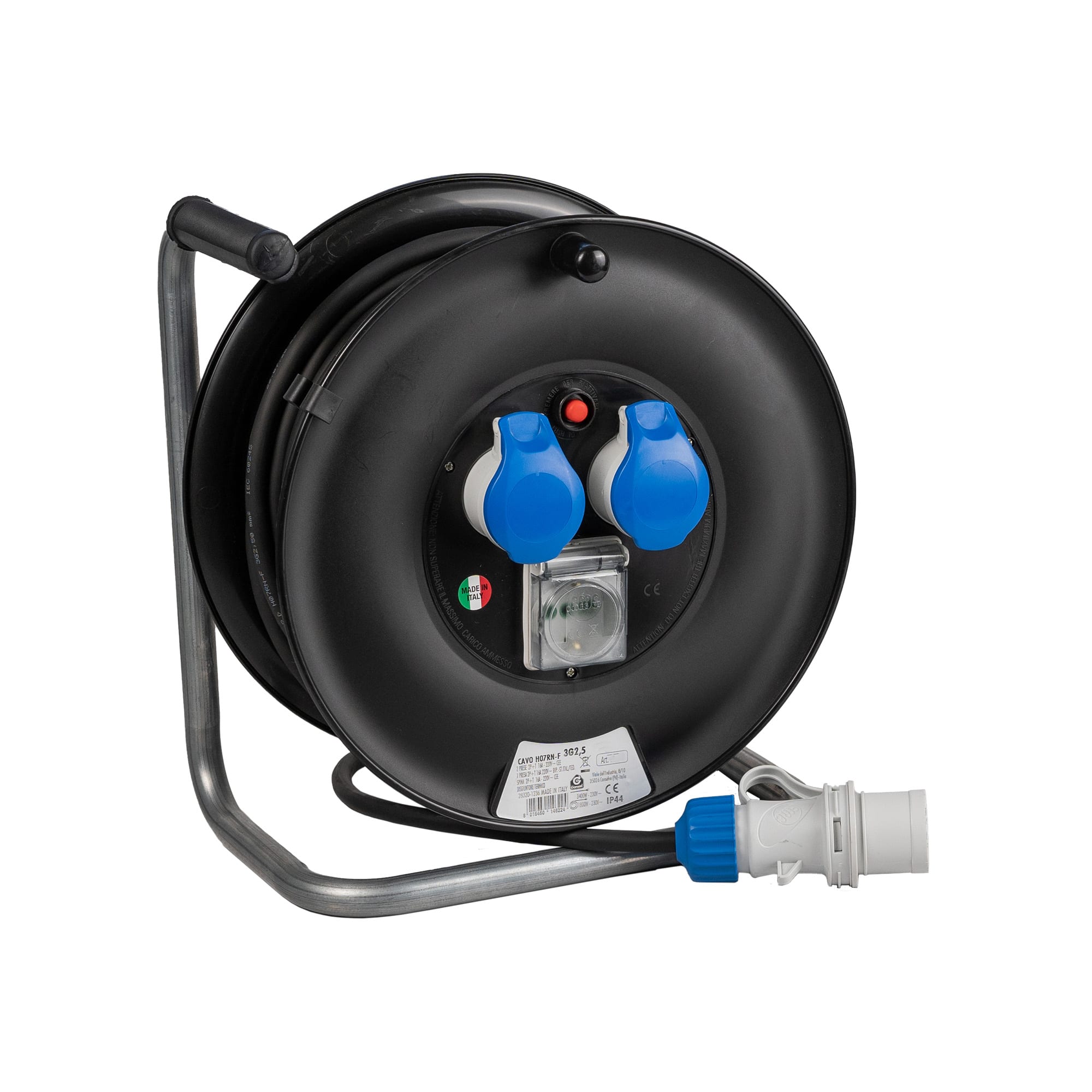 FANTON - Avvolgicavo ONDA 50m 3G1,5 spina CEE 2P+T 16A 230V, 2 prese CEE 2P+T 16A 230V + 1 P40, con disgiuntore, IP44