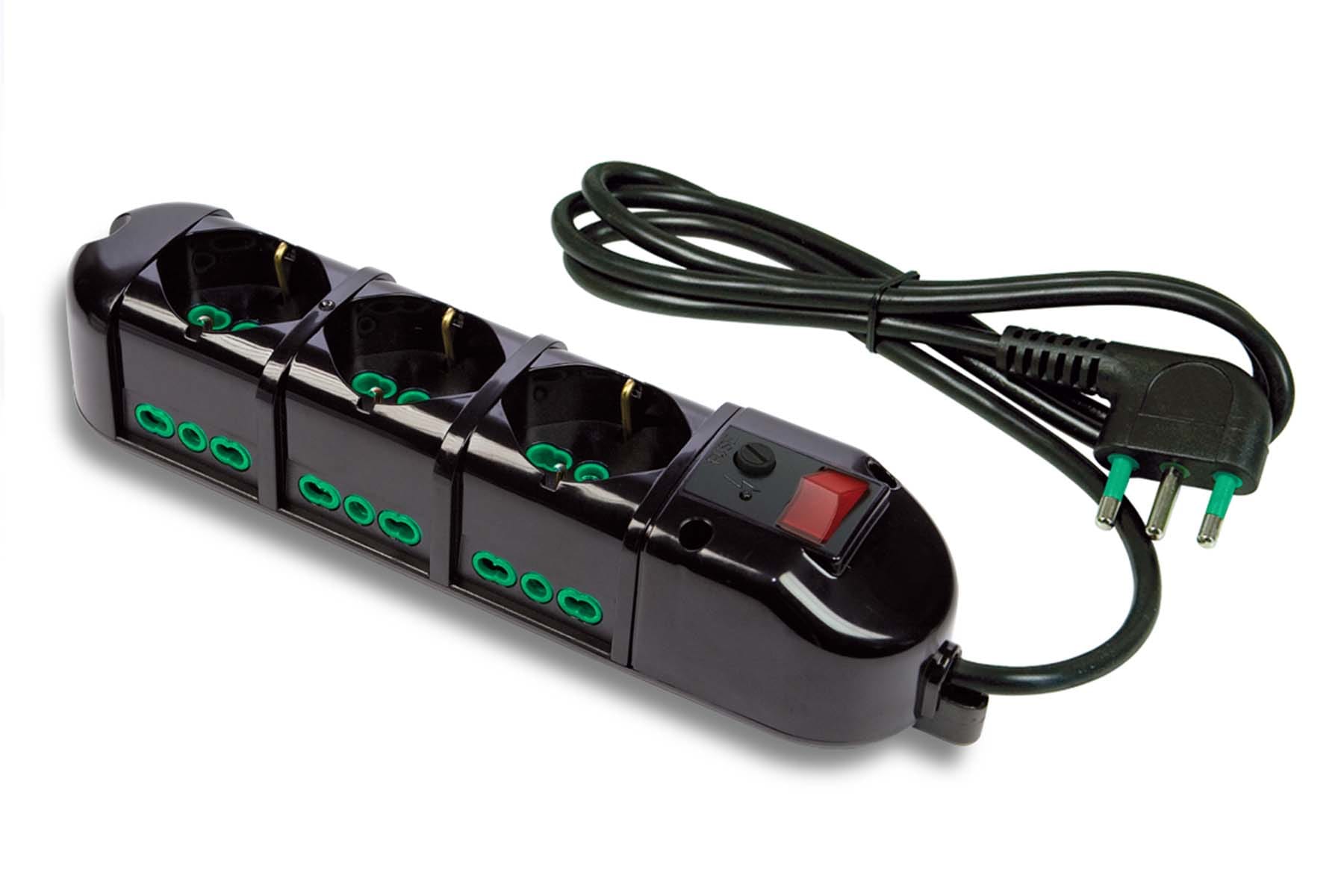 FANTON - Multipresa TRIAX 1,5m 3G1 spina S17, 3 prese P40 + 6 P17/11, con interruttore e protezione da sovratensioni, colore nero 42129