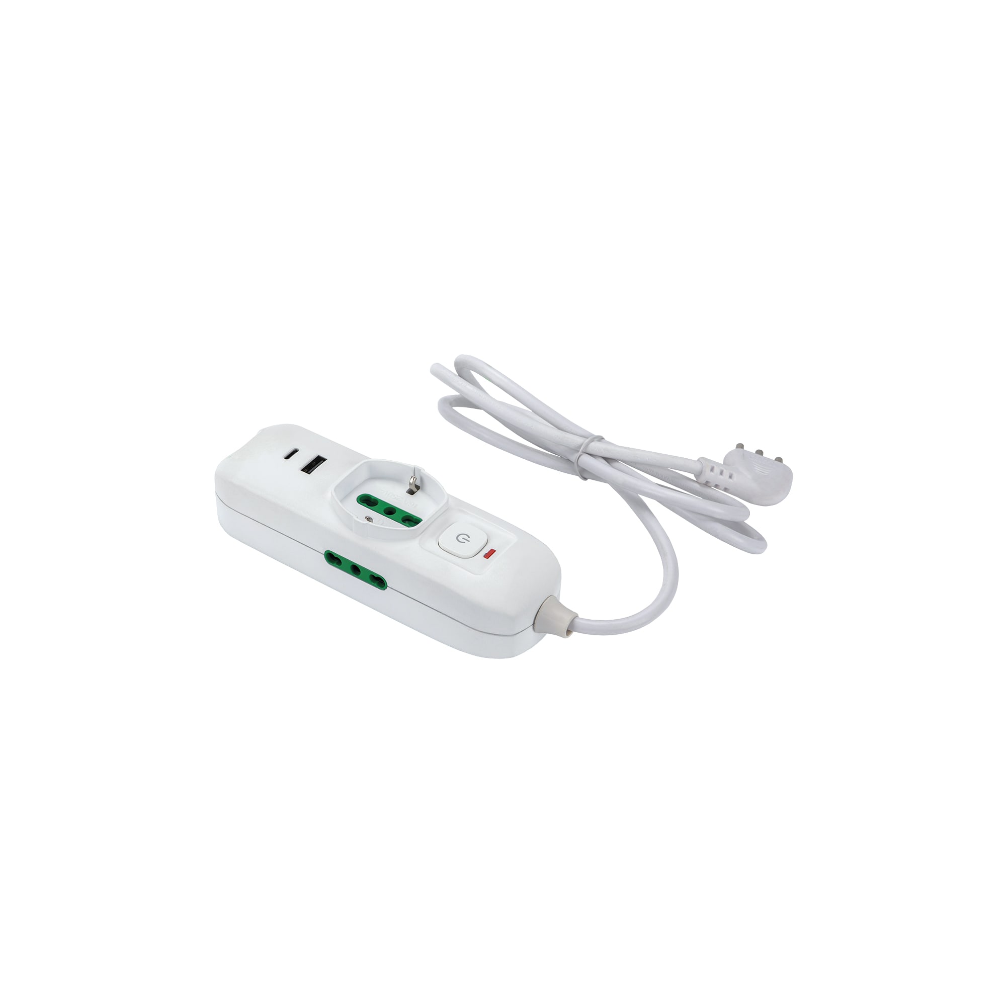 FANTON - Multipresa TRIAX 1,5m 3G0,75 spina S11, 1 presa P40 + 2 P17/11 + 2 USB-A+C, con interruttore di sovraccarico, colore bianco 474124