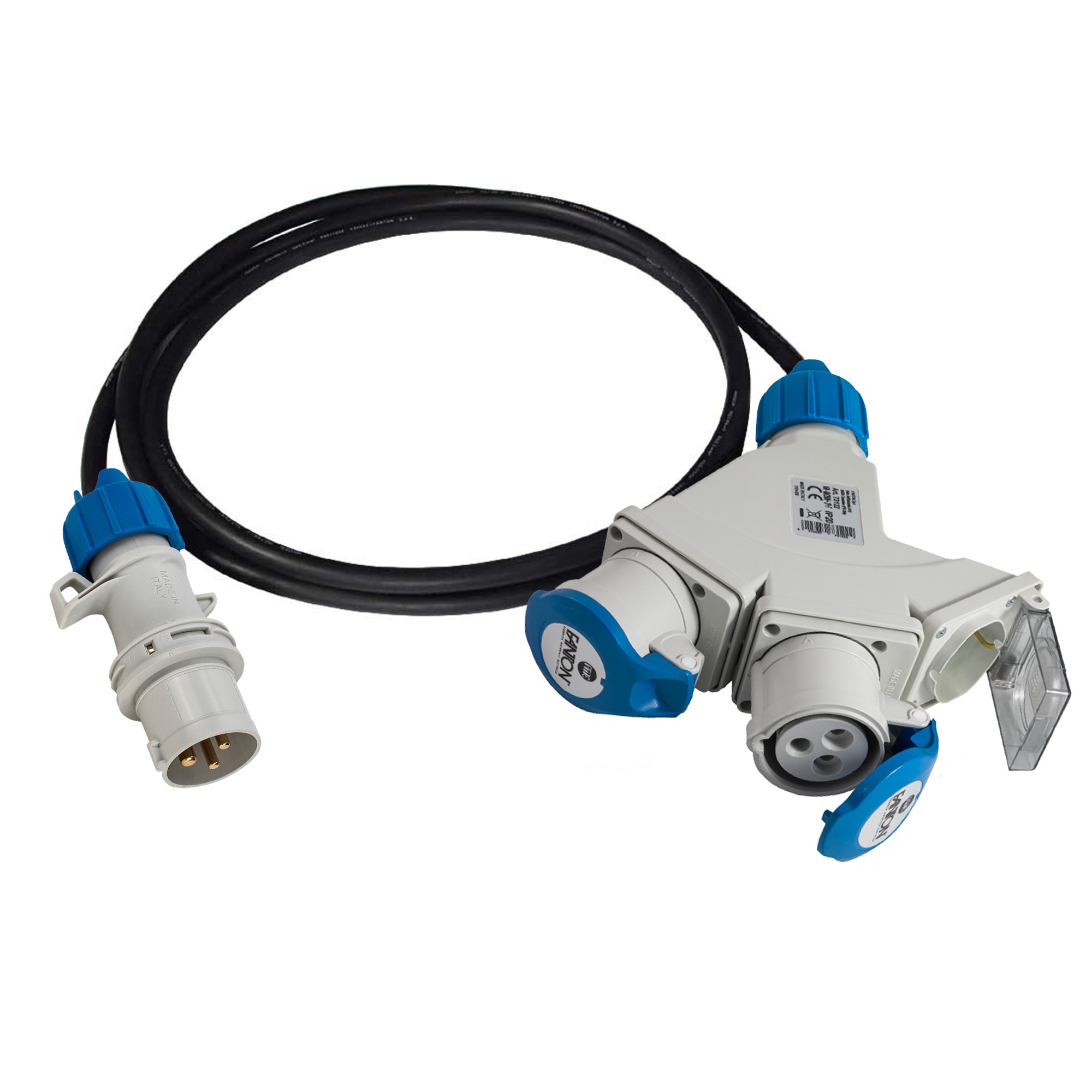 FANTON - Adattatore da spina CEE 2P+T 16A 230V a 2 prese CEE 2P+T 16A 230V + 1 P40, cavo 2m 3G2,5 H07RN-F, IP44
