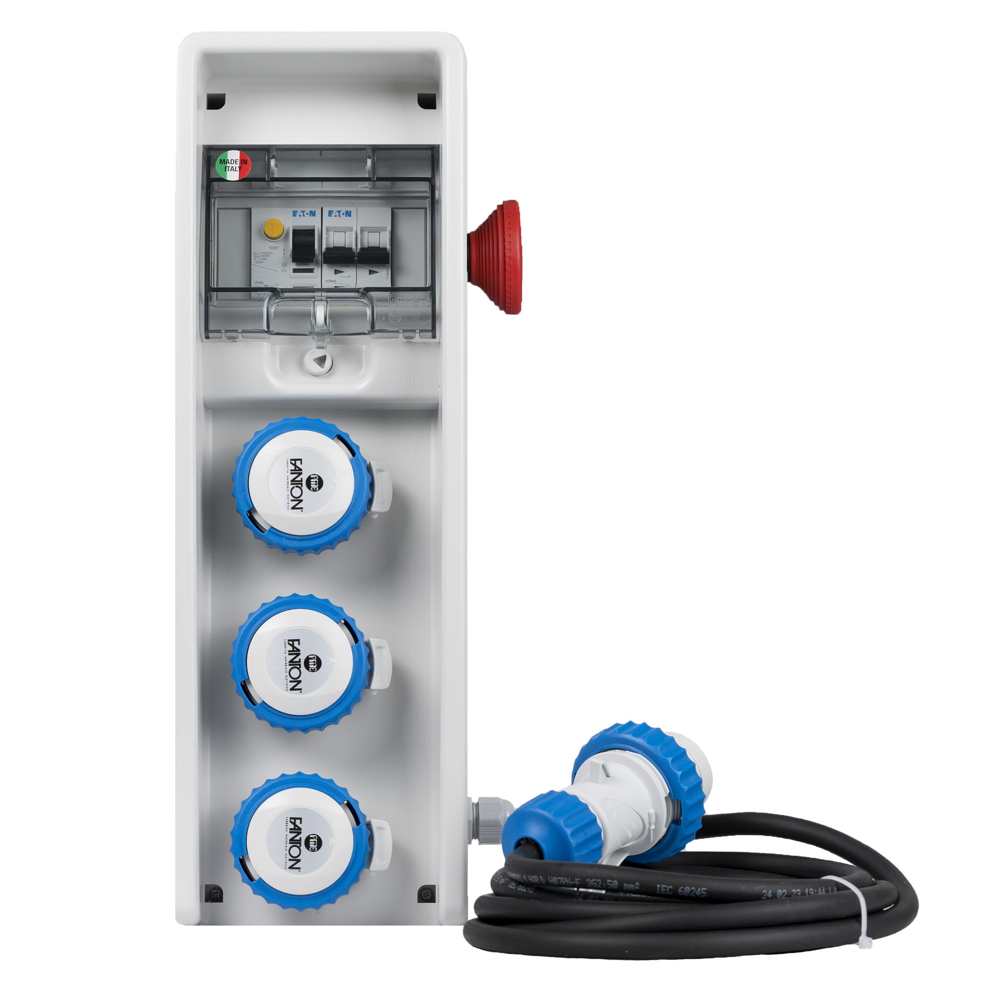 FANTON - Quadro ULISSE 150 ASC IP65 - 3 prese CEE, 2 protezioni, con cavo 1,5m e emergenza, 3kW