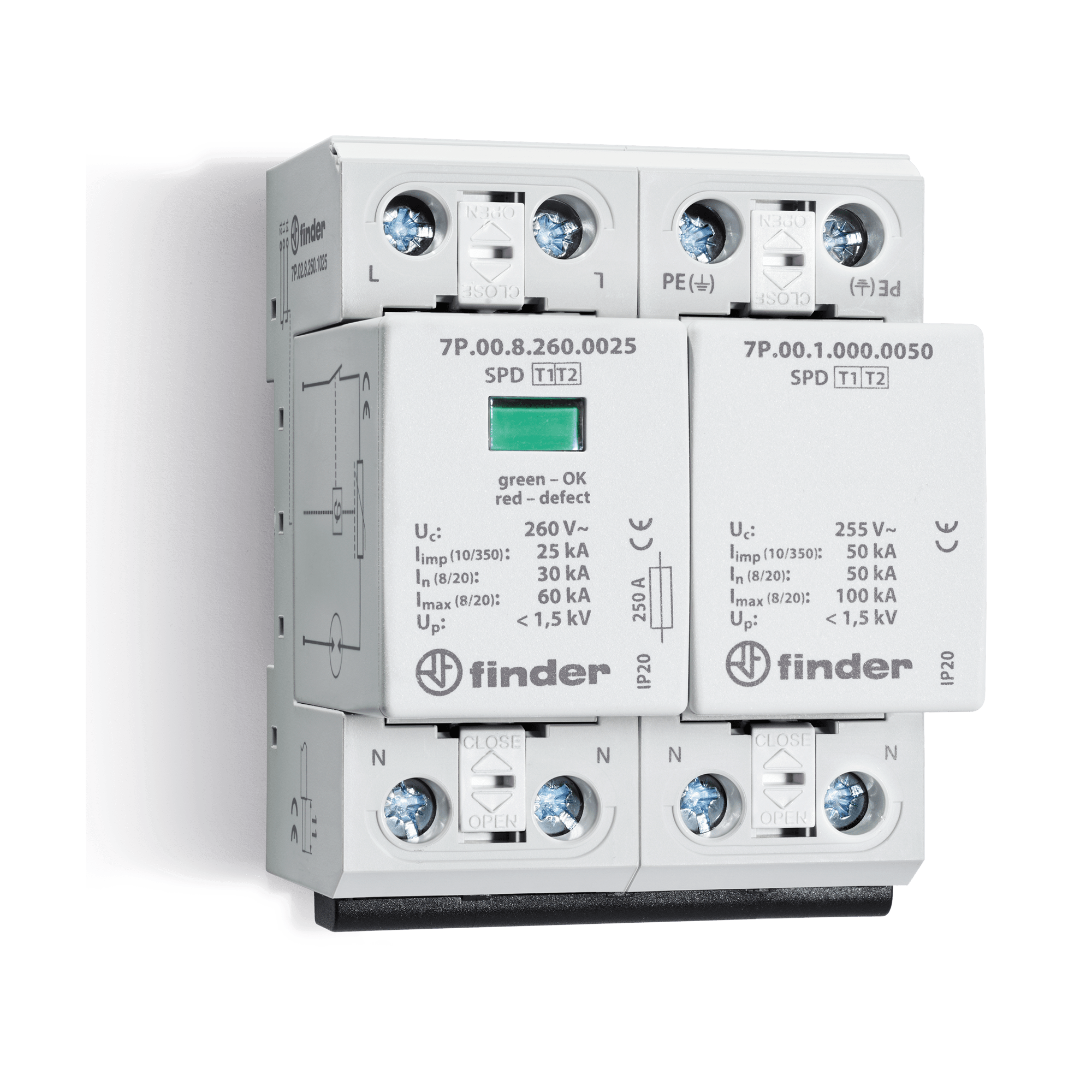 FINDER - SPD CLASSE1+2 MONOFASE 2P 275VAC 1+1 12. 7P0282751012