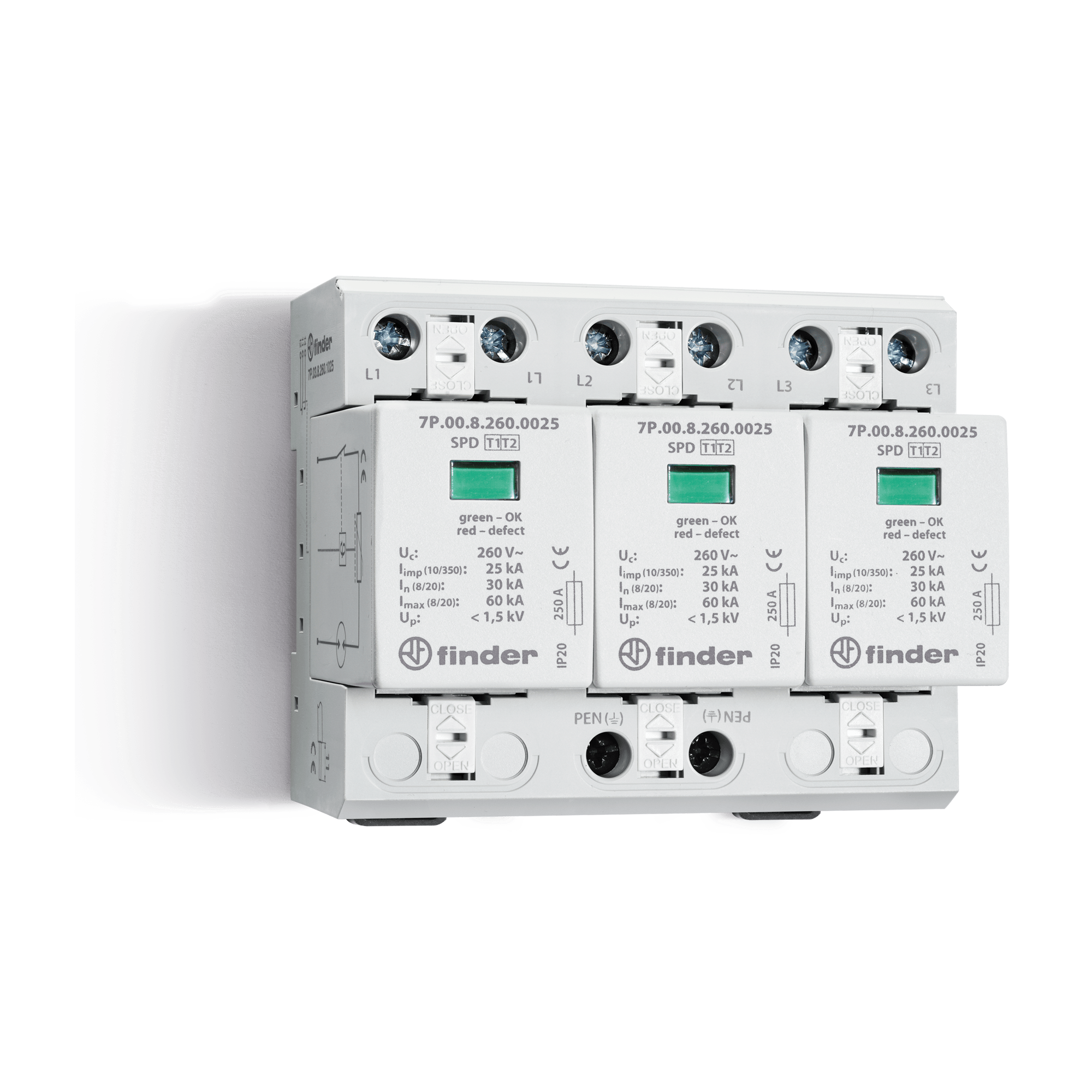 FINDER - SPD CLASSE1+2 TRIFASE 3P 255VAC 3+0 7KA 7P038255S007