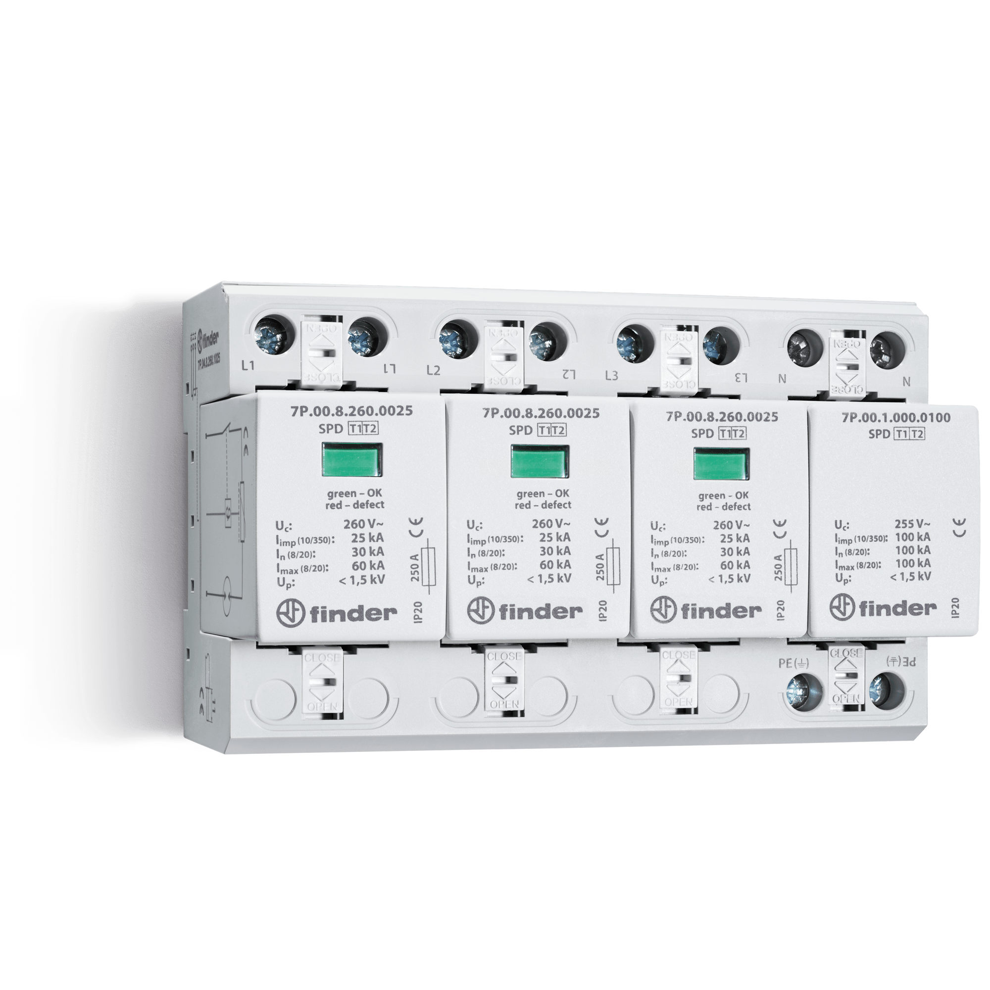 FINDER - SPD CLASSE1+2 TRIFASE 4P 255VAC 3+1 12KA 7P048255S012