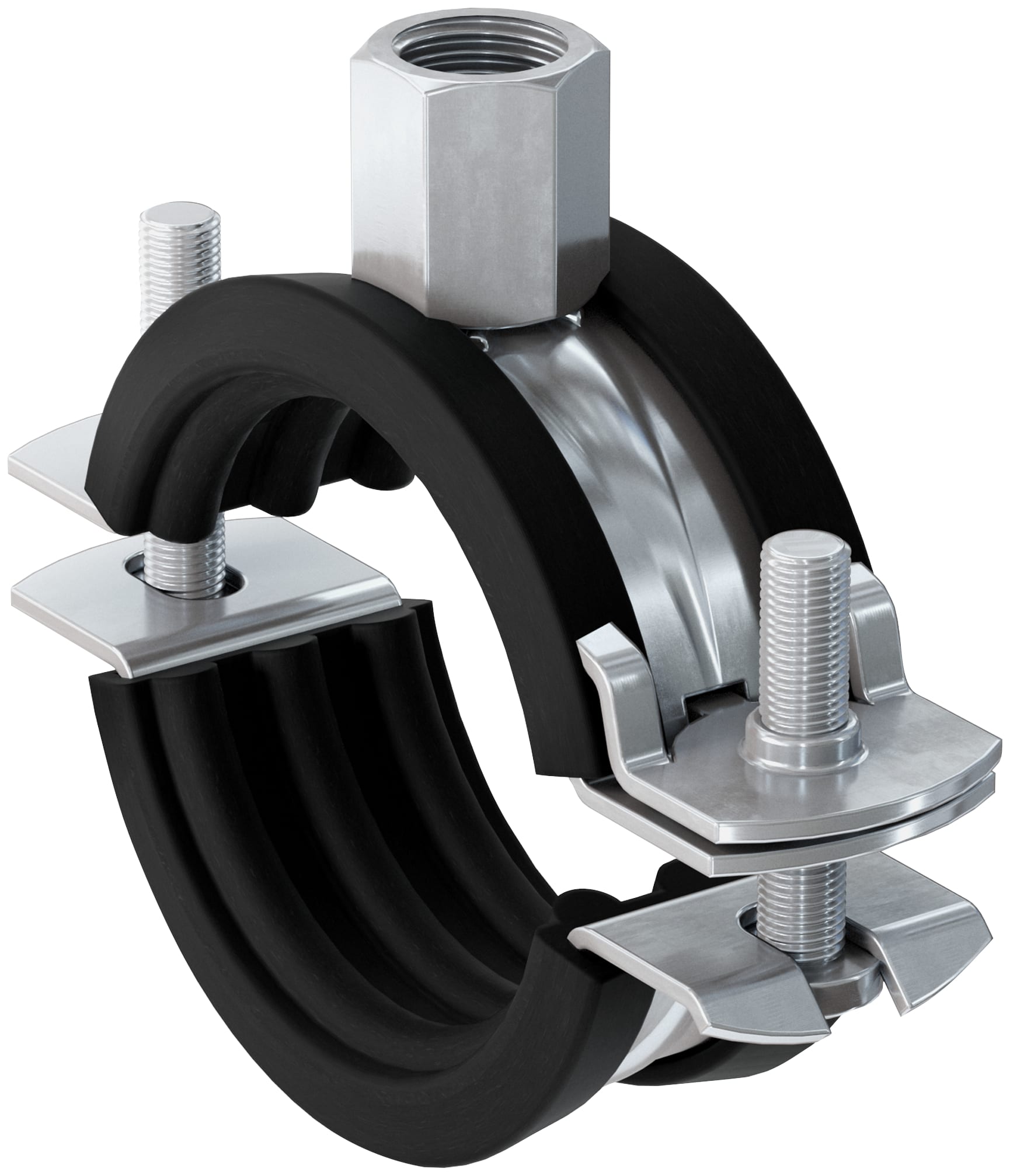 FISCHER - FRS Plus 48-53/54 collare per tubi 1 1/2: chiusura rapida brevettata, due viti adattamento, sicurezza e isolamento acustico, dadi M8/M10.