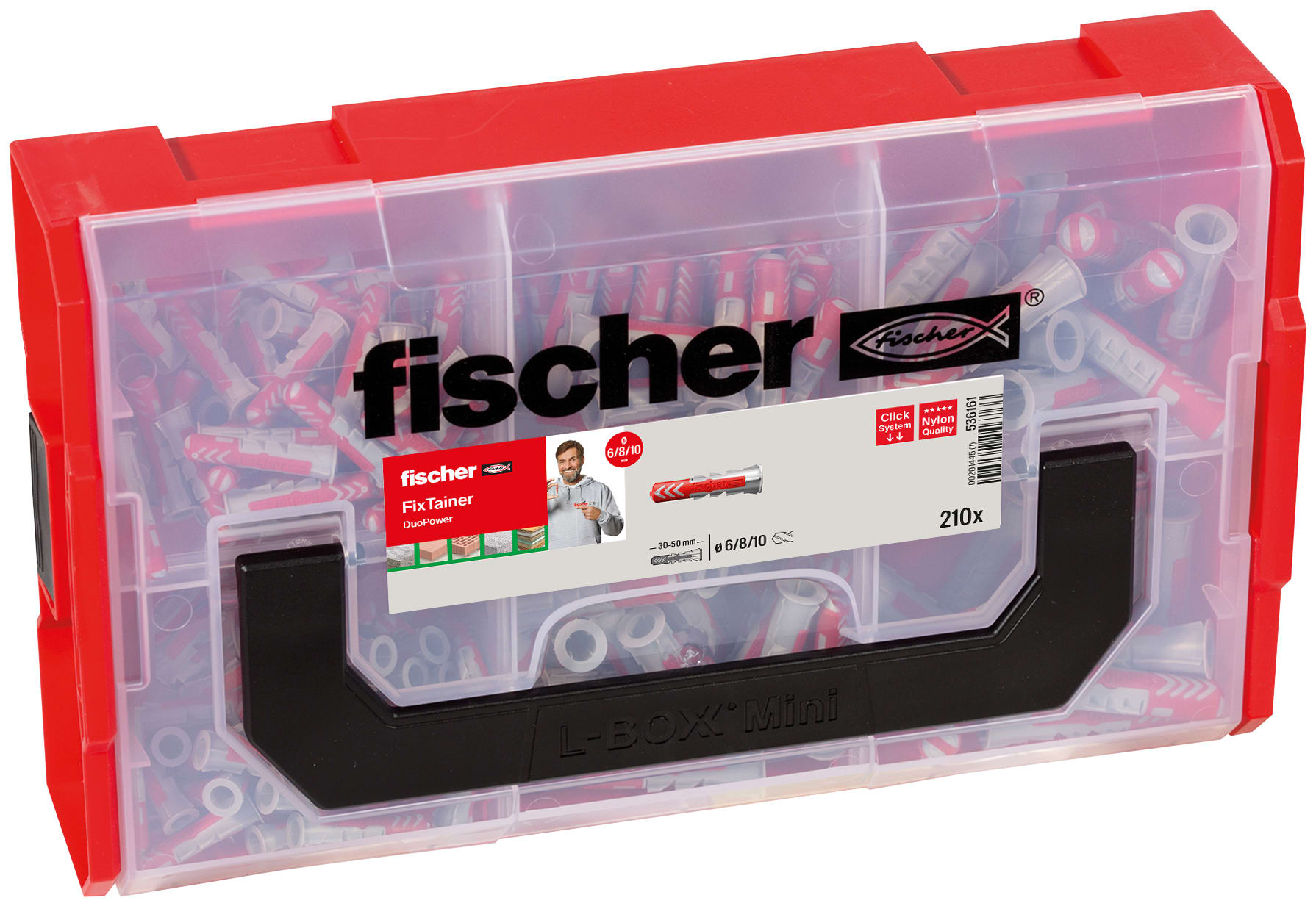 FISCHER - Fixtainer DuoPower includes plugs, screws, and hooks in a practical box for common construction materials and applications.