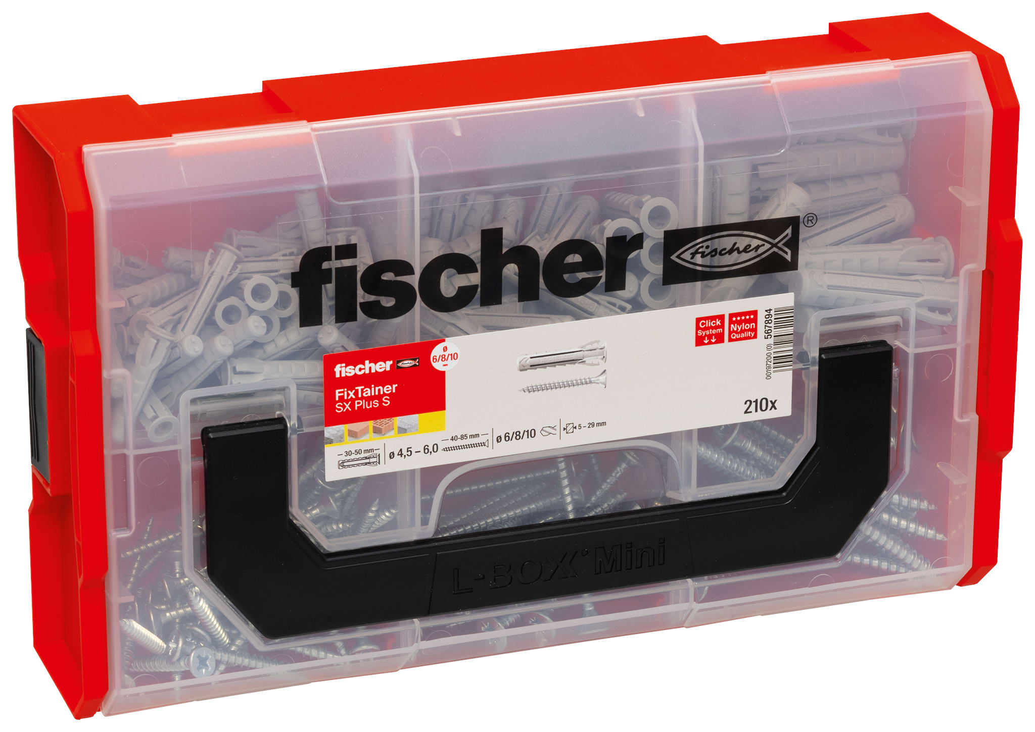 FISCHER - Fixtainer SX Plus con tasselli, viti e ganci in scatola pratica per applicazioni e materiali da costruzione comuni.