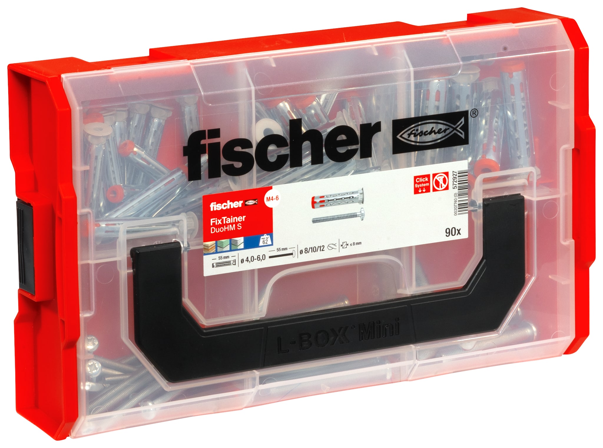 FISCHER - FixTainer DUOHM S TX: scatola pratica con tasselli, viti e ganci per applicazioni e materiali da costruzione comuni.