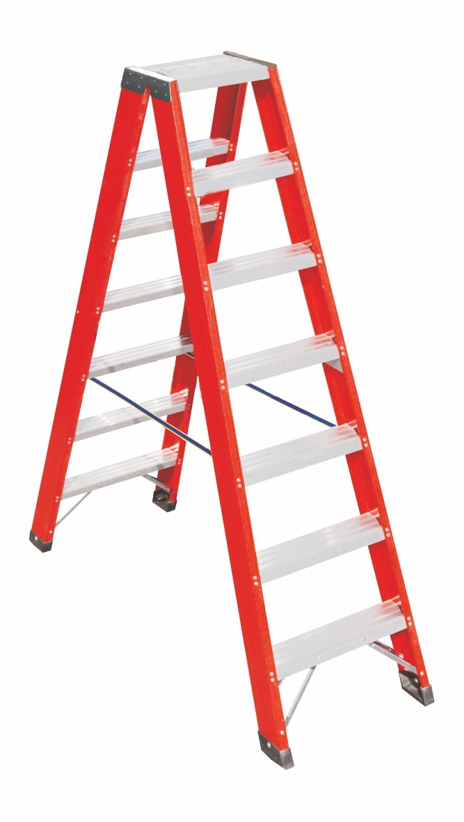 FRIGERIO CARPENTERIE - Scala cavalcabile professionale per vetrine con 2 salite e 2 rampe da 10 gradini.