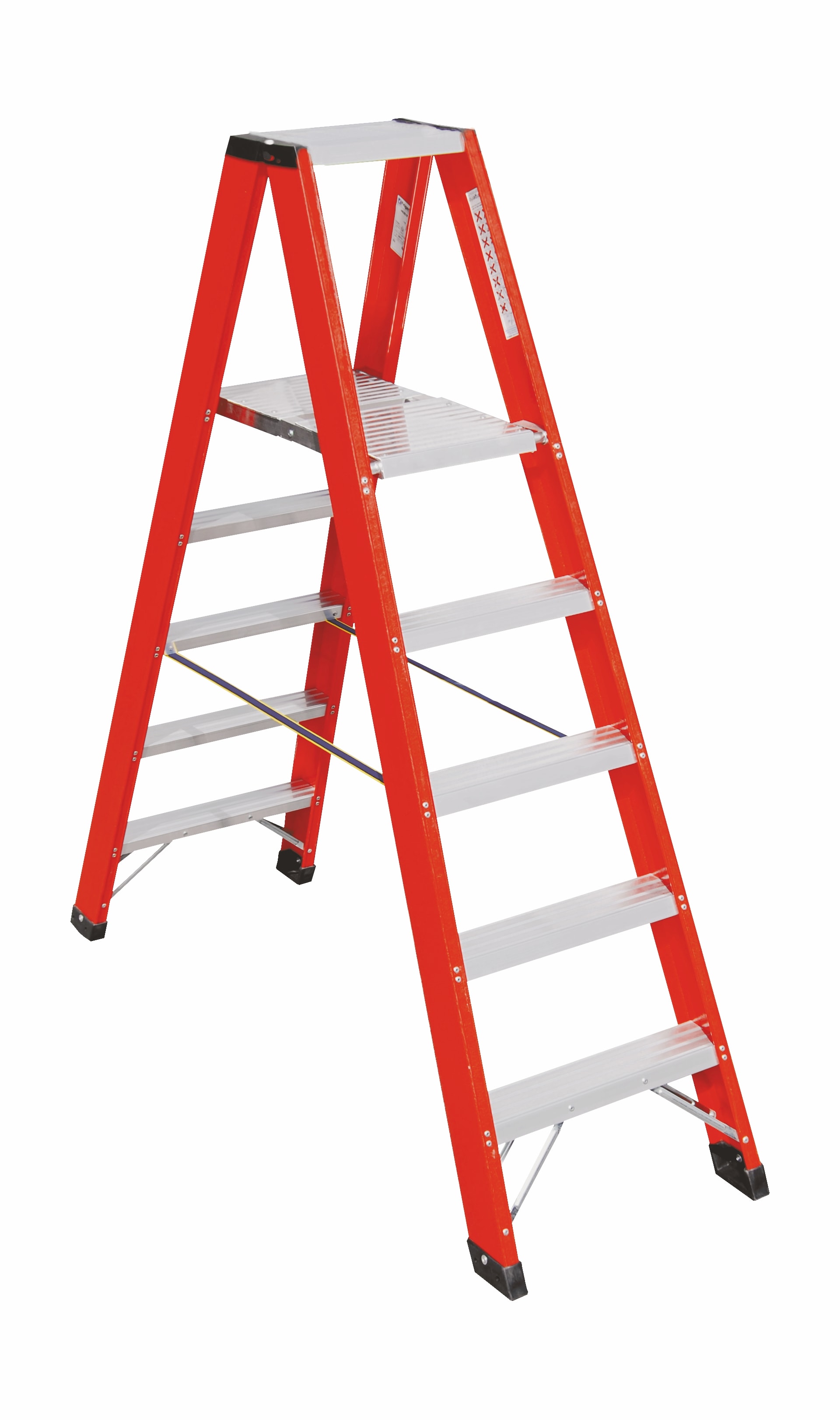 FRIGERIO CARPENTERIE - Scala cavalcabile professionale per vetrine a due salite con piattaforma 2x8 gradini.