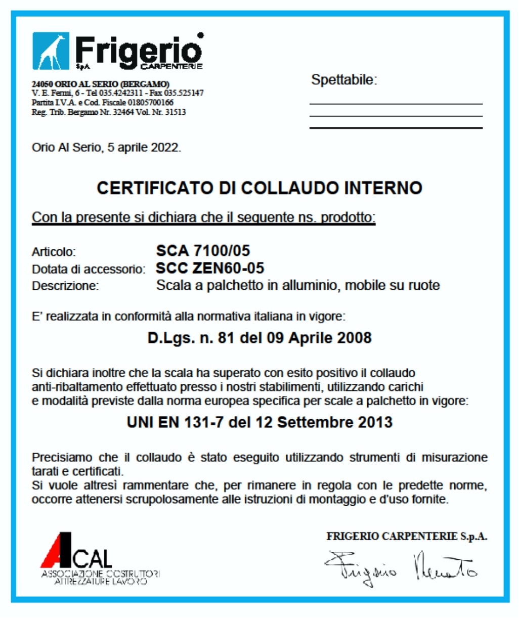 FRIGERIO CARPENTERIE - Certificato di collaudo.