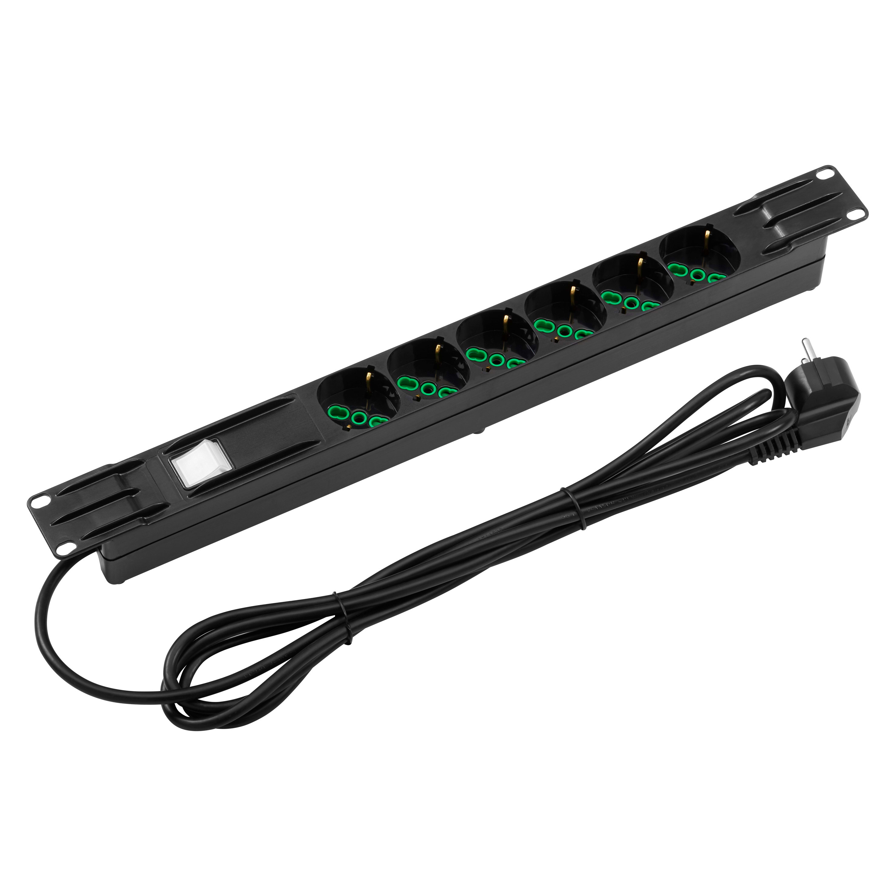 GEWISS - PANNELLO DI ALIMENTAZIONE 19" - 6 PRESE 2P+T 16A BIVALENTI STANDARD ITALIANO/TEDESCO - INTERRUTTORE BIPOLARE LUMINOSO - 1U - NERO