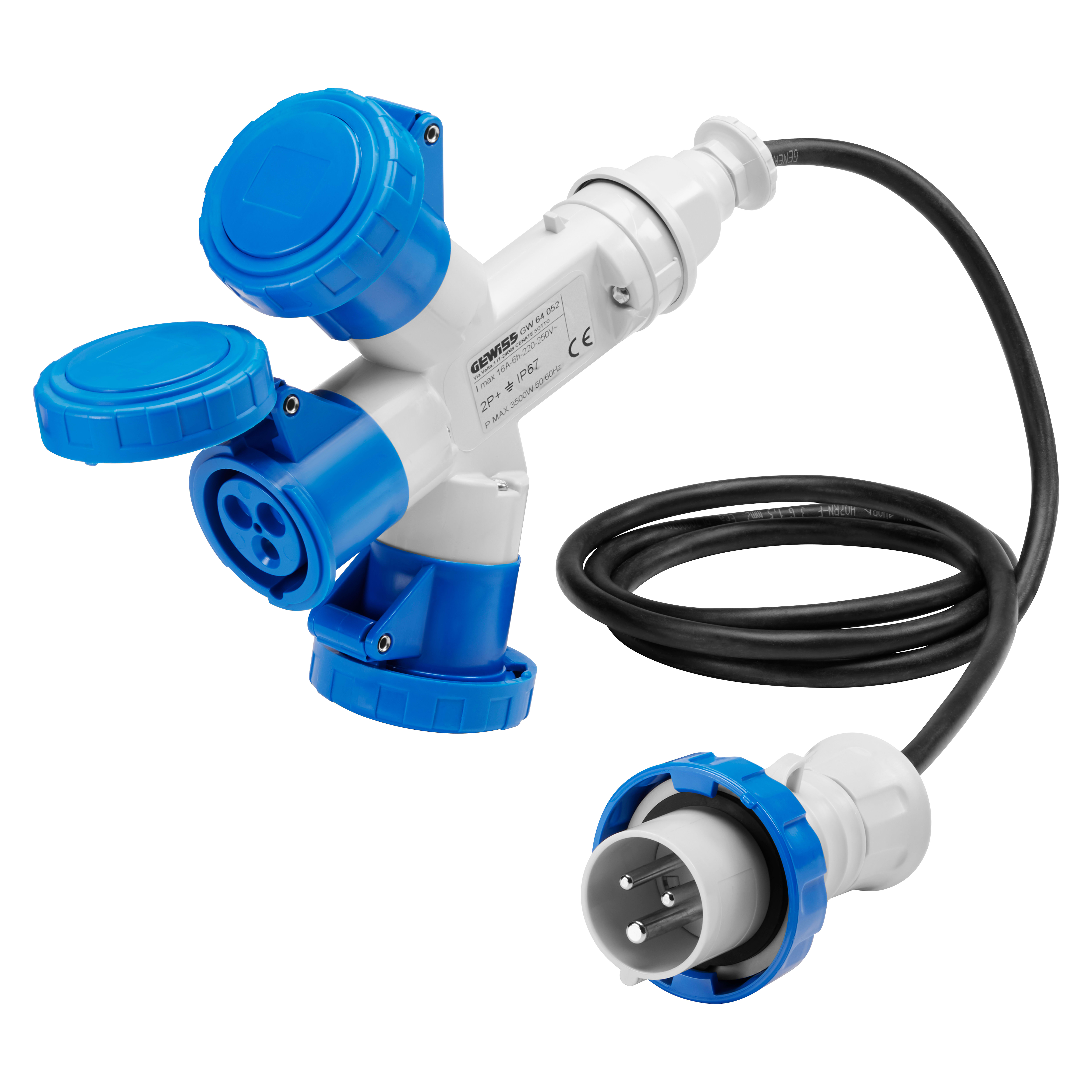 GEWISS - MOLTIPLICATORE MOBILE 3 USCITE IP67-2M DI CAVO FLESSIBILE-SPINA 16A-3 PRESE 2P+T 230V 50/60HZ-BLU-6H