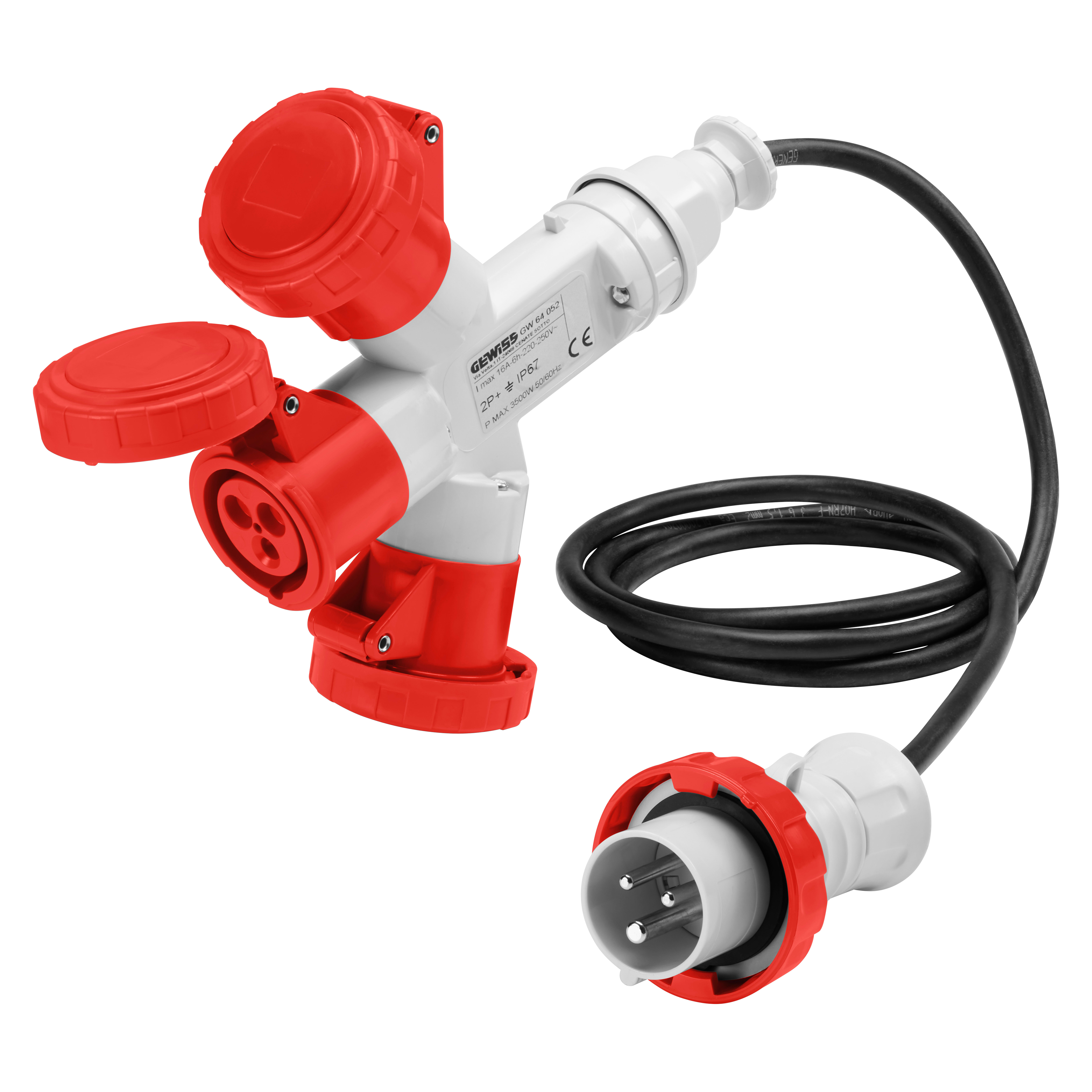 GEWISS - MOLTIPLICATORE MOBILE 3 USCITE IP67-2M DI CAVO FLESSIBILE-SPINA 16A-3 PRESE 3P+N+T 400V 50/60HZ-ROSSO-6H