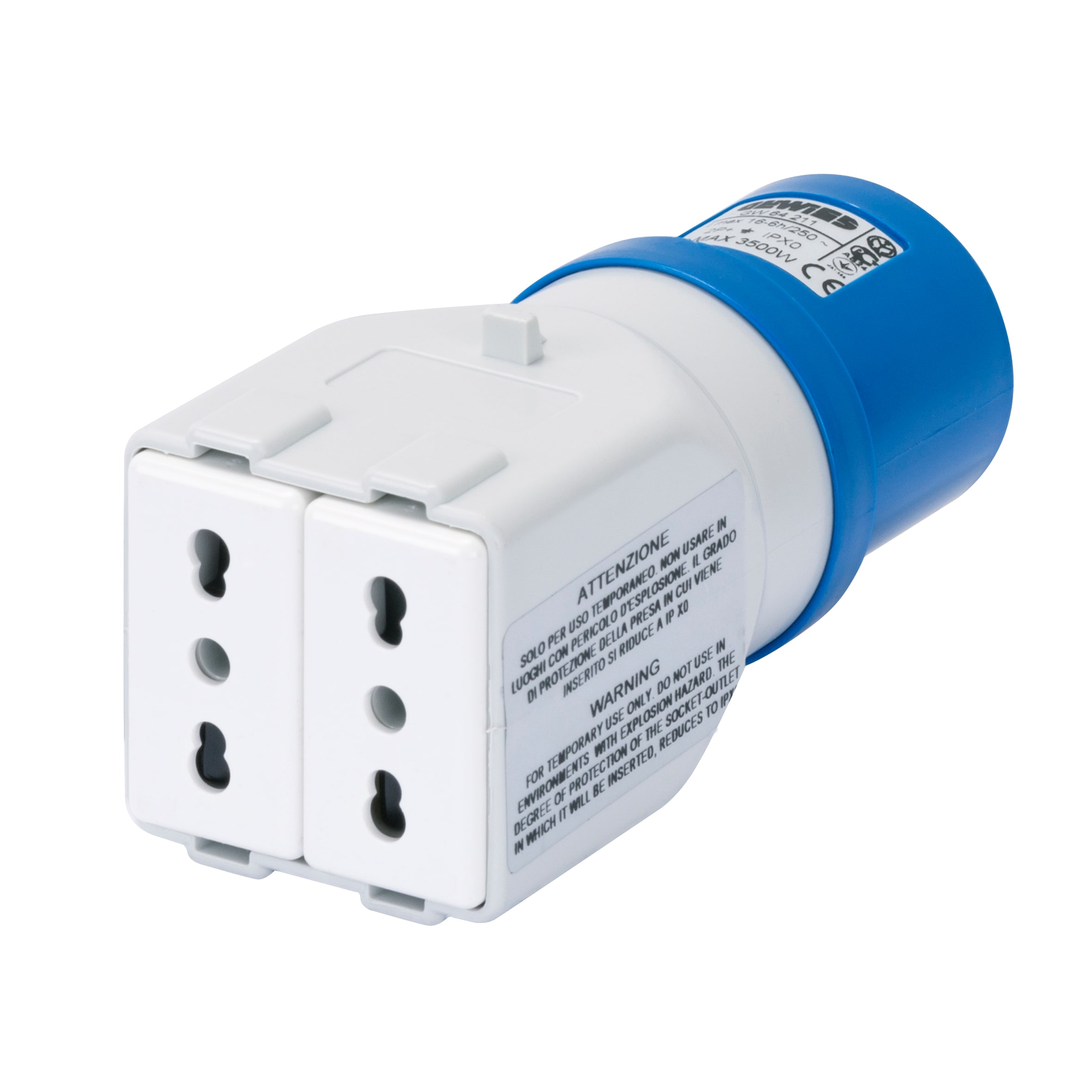 GEWISS - ADATTATORE DA INDUSTRIALE A CIVILE IP44 - SPINA 2P+T 16A 230V ac 50/60HZ - 2 PRESE 2P+T 10/16A BIVALENTI (P17/11)