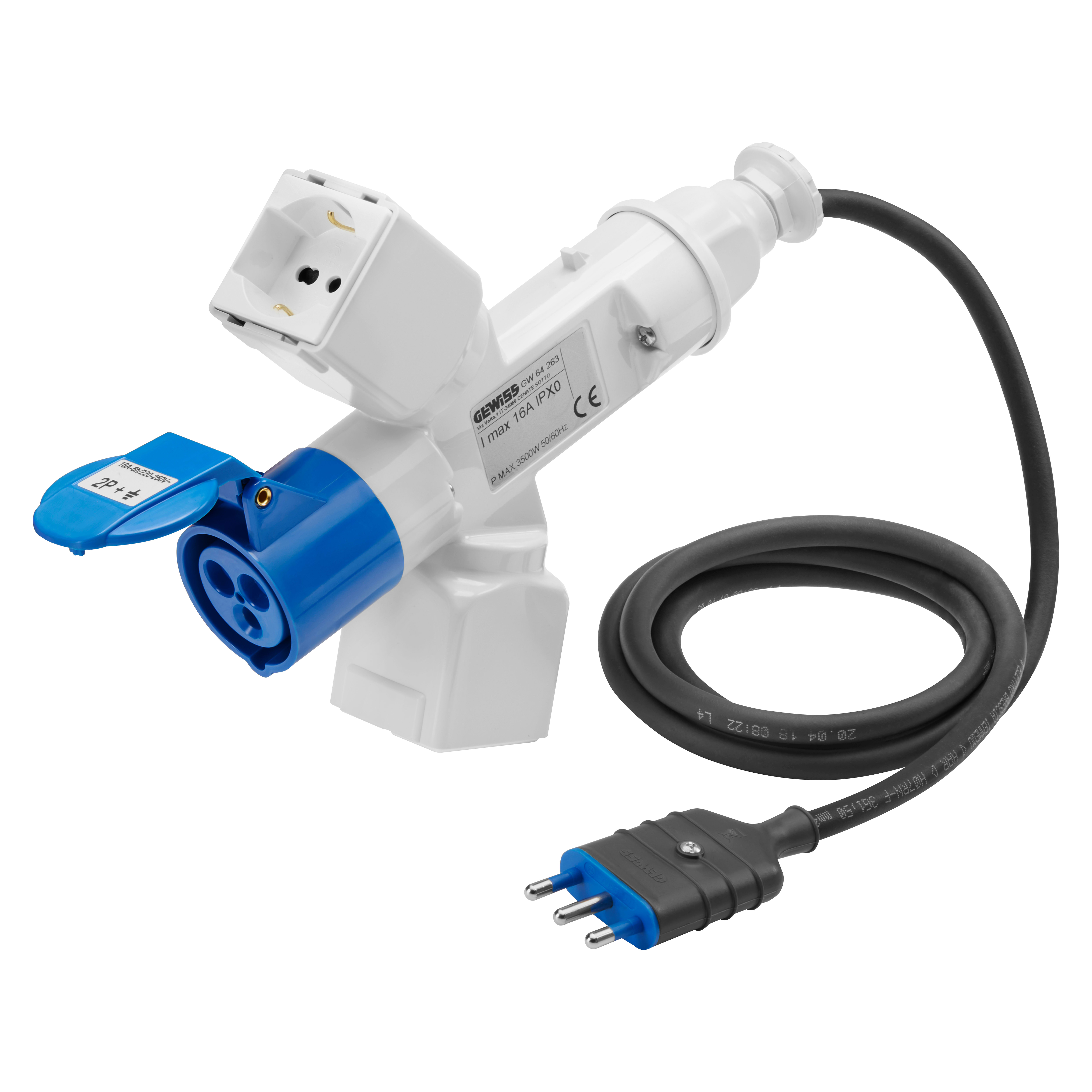GEWISS - DERIVATORE ADATTATORE MOBILE IP44 - 2 USCITE DERIVATE -CON CAVO E SPINA CABLATI-SPINA 2P+T 16A S17-2 PRESE P17/11 + 1 PRESA P30-P17 + 1 PRESA 2P+T 16A