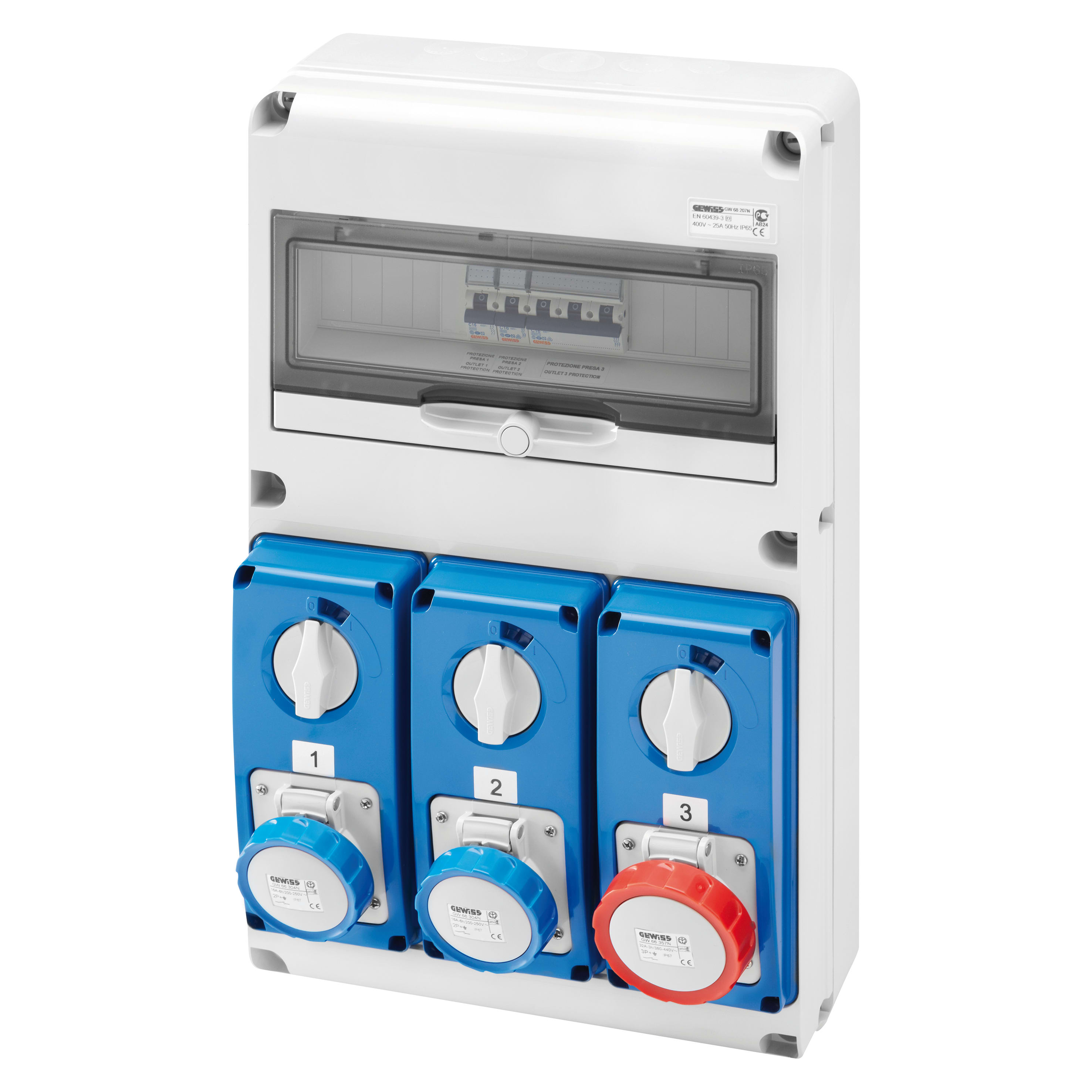 GEWISS - Q-DIN 14 DBO - 2 PRESE 2P+T 16A + 1 PRESA 3P+N+T 16A - IP65