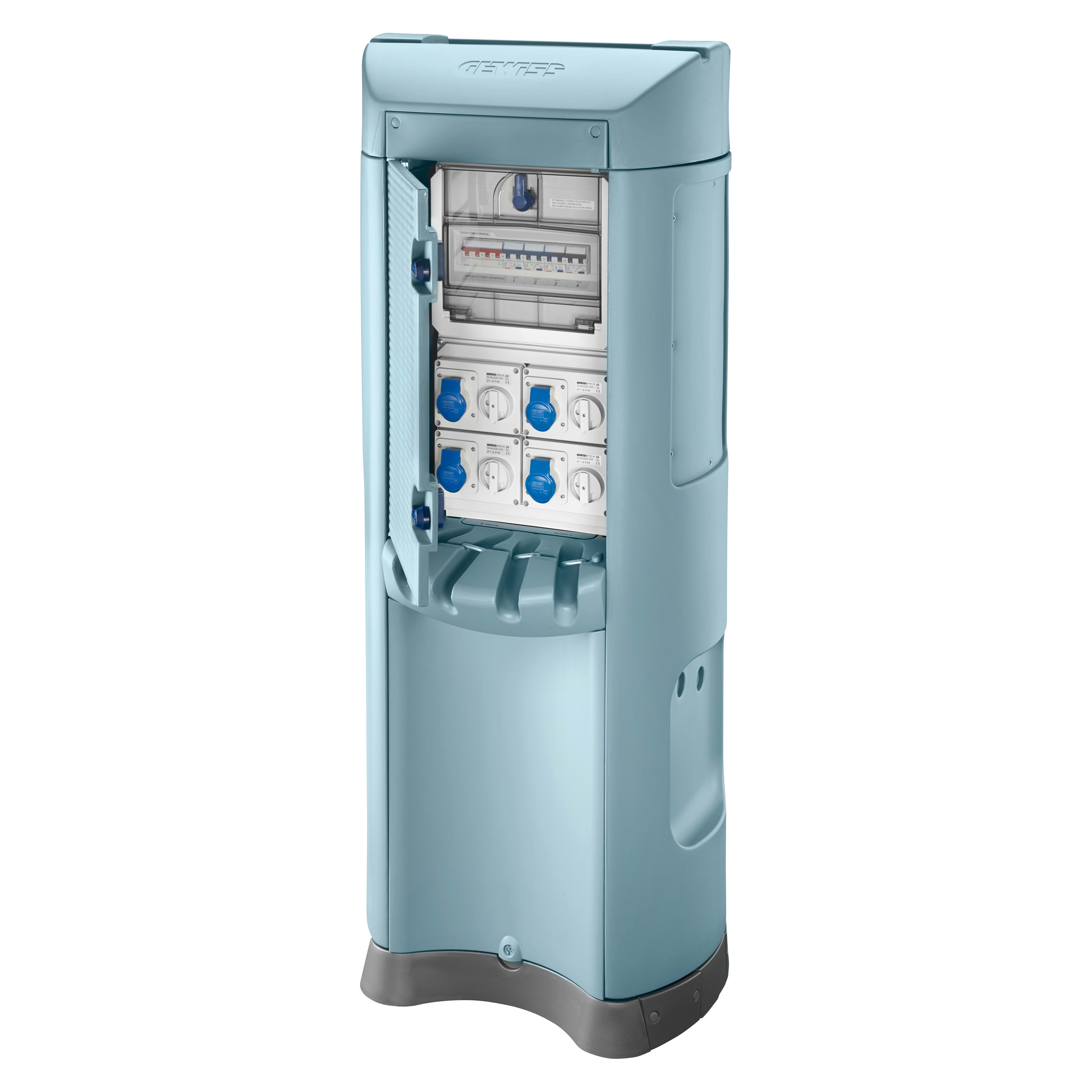 GEWISS - QMC200B - CABLATO - BIFACCIALE - 8 PRESE 2P+T 16A - SEZIONATORE 4P 80A - 8 MCD 2P 10A 0,03A - IP44 - AZZURRO
