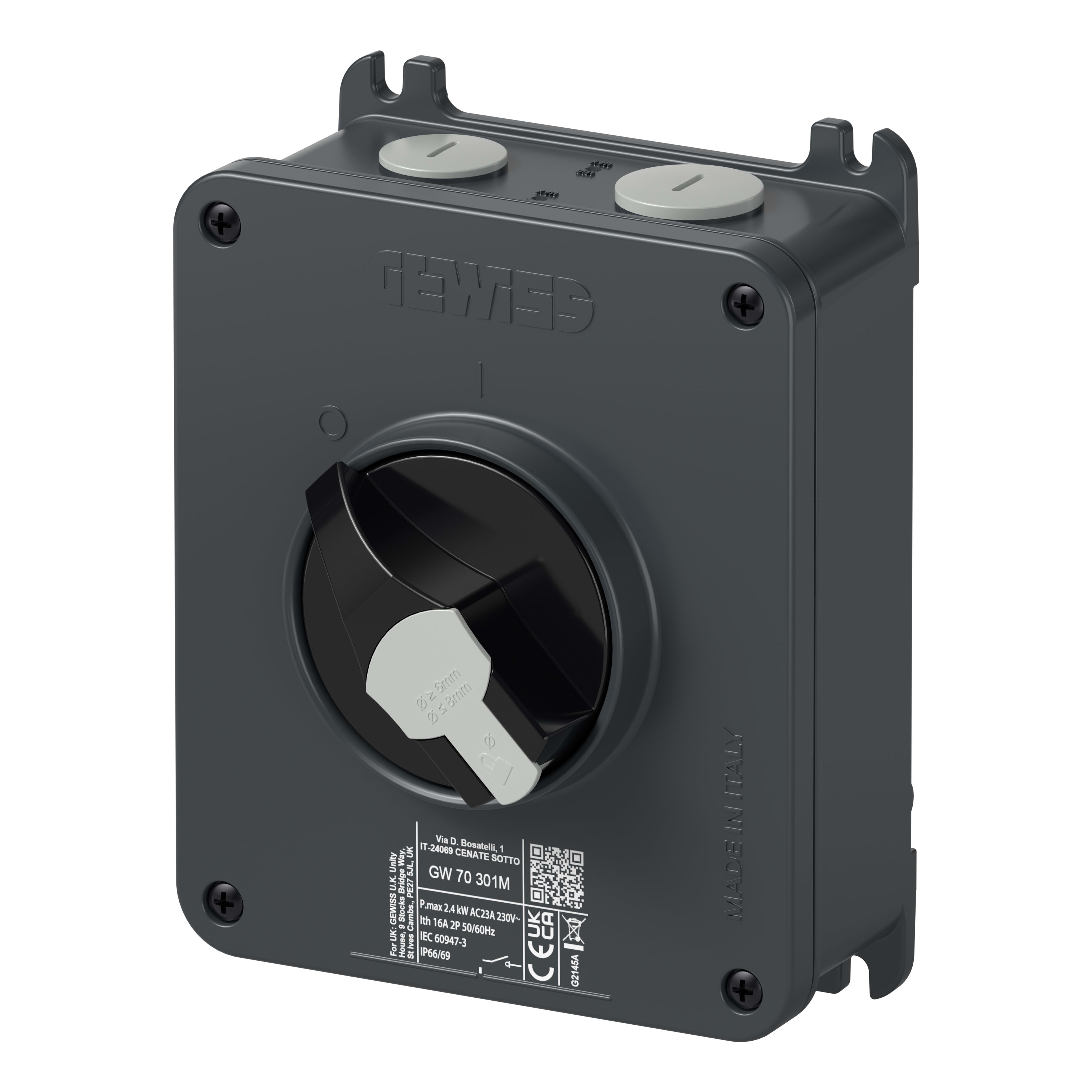 GEWISS - INTERRUTTORE SEZIONATORE ROTATIVO - HP - DA PARETE - COMANDO - CASSETTA IN ALLUMINIO - 25A 4P - MANOPOLA NERA LUCCHETTABILE - IP66/IP69
